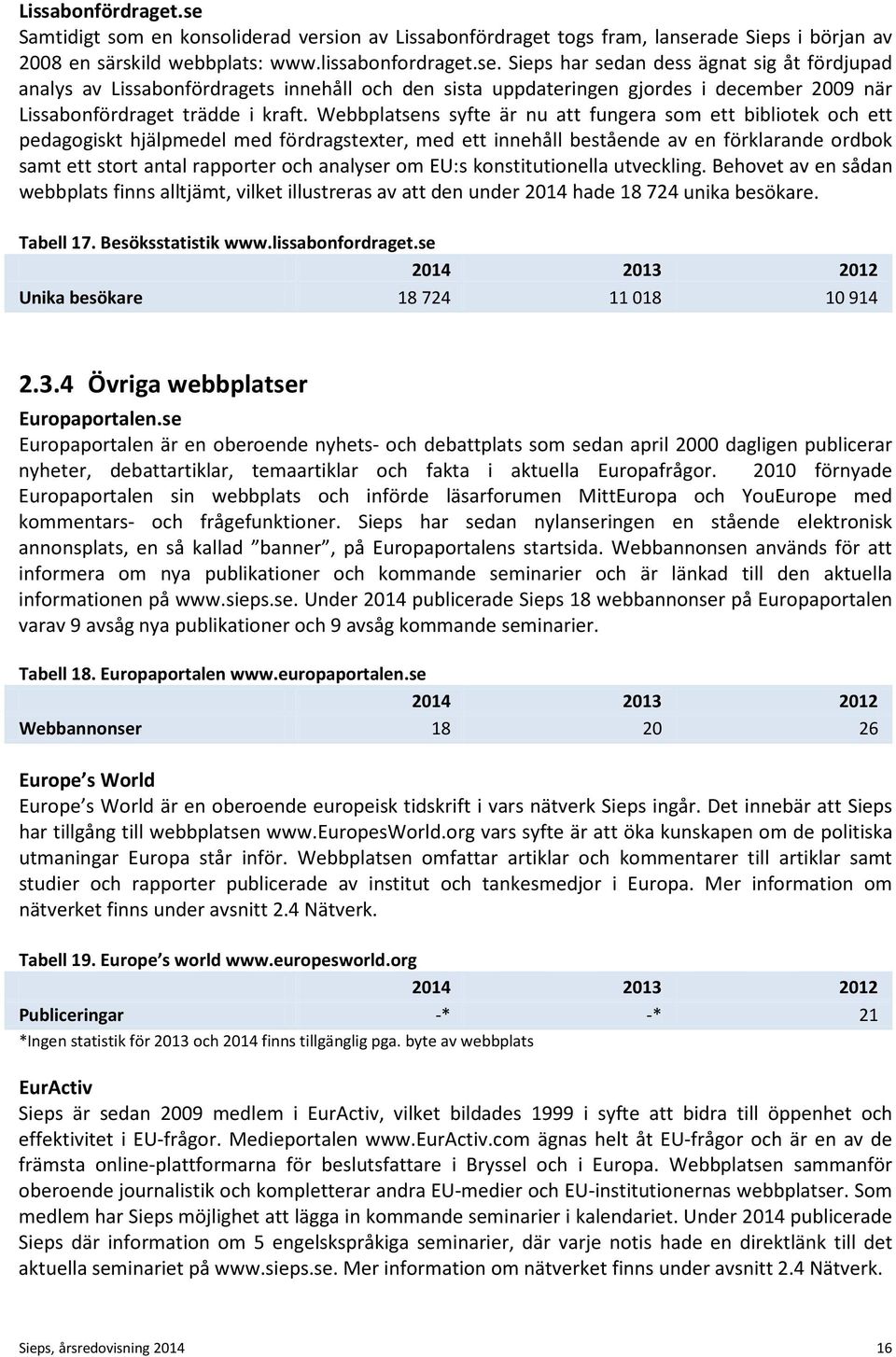 analyser om EU:s konstitutionella utveckling. Behovet av en sådan webbplats finns alltjämt, vilket illustreras av att den under 2014 hade 18 724 unika besökare. Tabell 17. Besöksstatistik www.