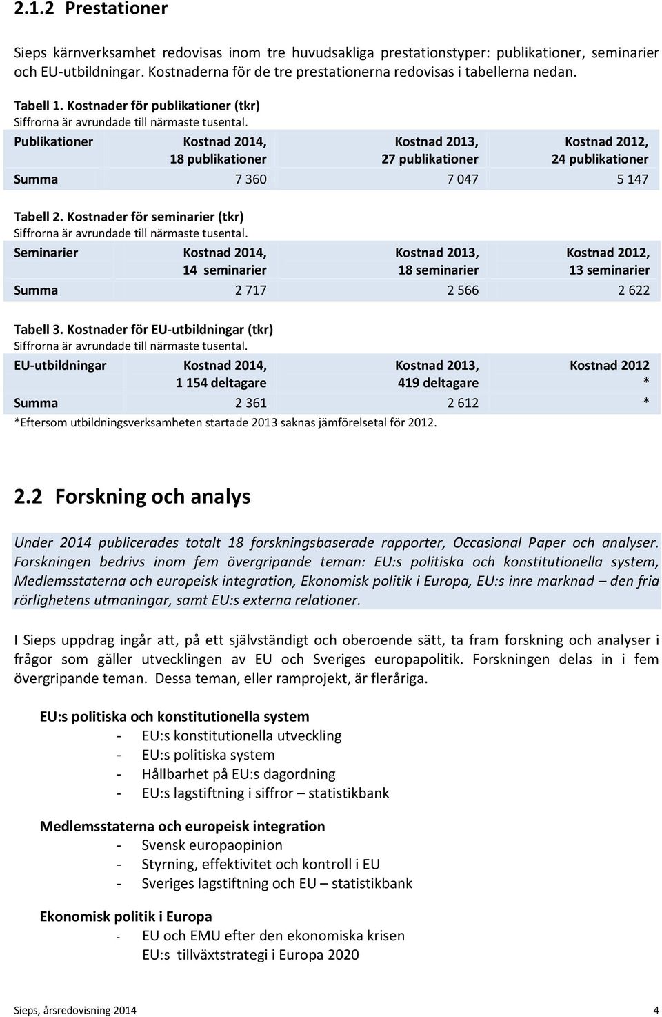 Publikationer Kostnad 2014, 18 publikationer Kostnad 2013, 27 publikationer Kostnad 2012, 24 publikationer Summa 7 360 7 047 5 147 Tabell 2.