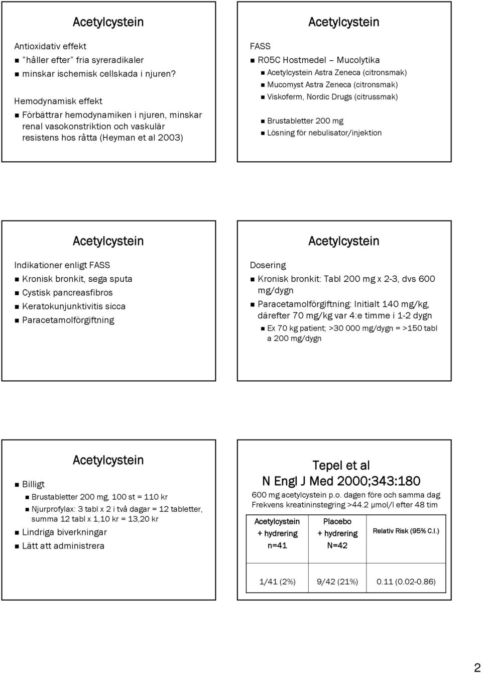 Mucomyst Astra Zeneca (citronsmak) Viskoferm, Nordic Drugs (citrussmak) Brustabletter 200 mg Lösning för f nebulisator/injektion Indikationer enligt FASS Kronisk bronkit, sega sputa Cystisk