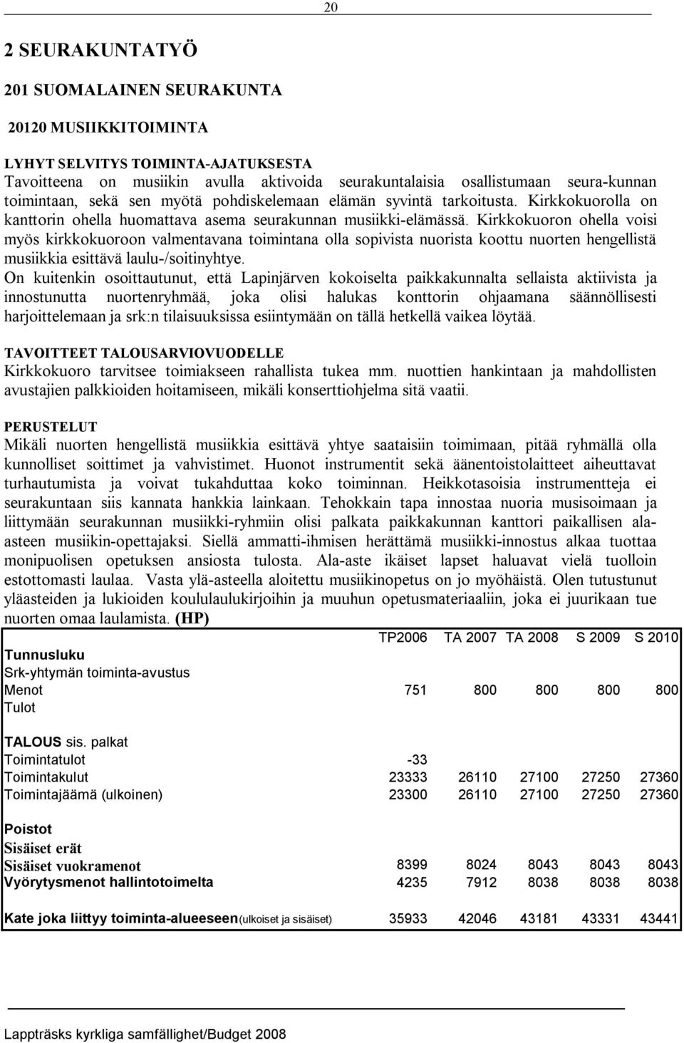 Kirkkokuoron ohella voisi myös kirkkokuoroon valmentavana toimintana olla sopivista nuorista koottu nuorten hengellistä musiikkia esittävä laulu /soitinyhtye.