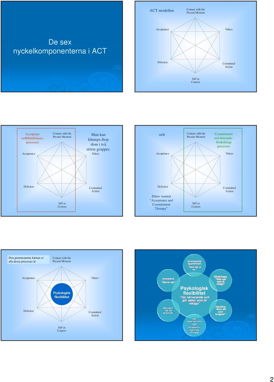 Values ACT modellen och Acceptance Contact with the Present Moment Commitment och beteendeförändrings processer Values Defusion Self as Context Committed Action Defusion Därav namnet Acceptance and