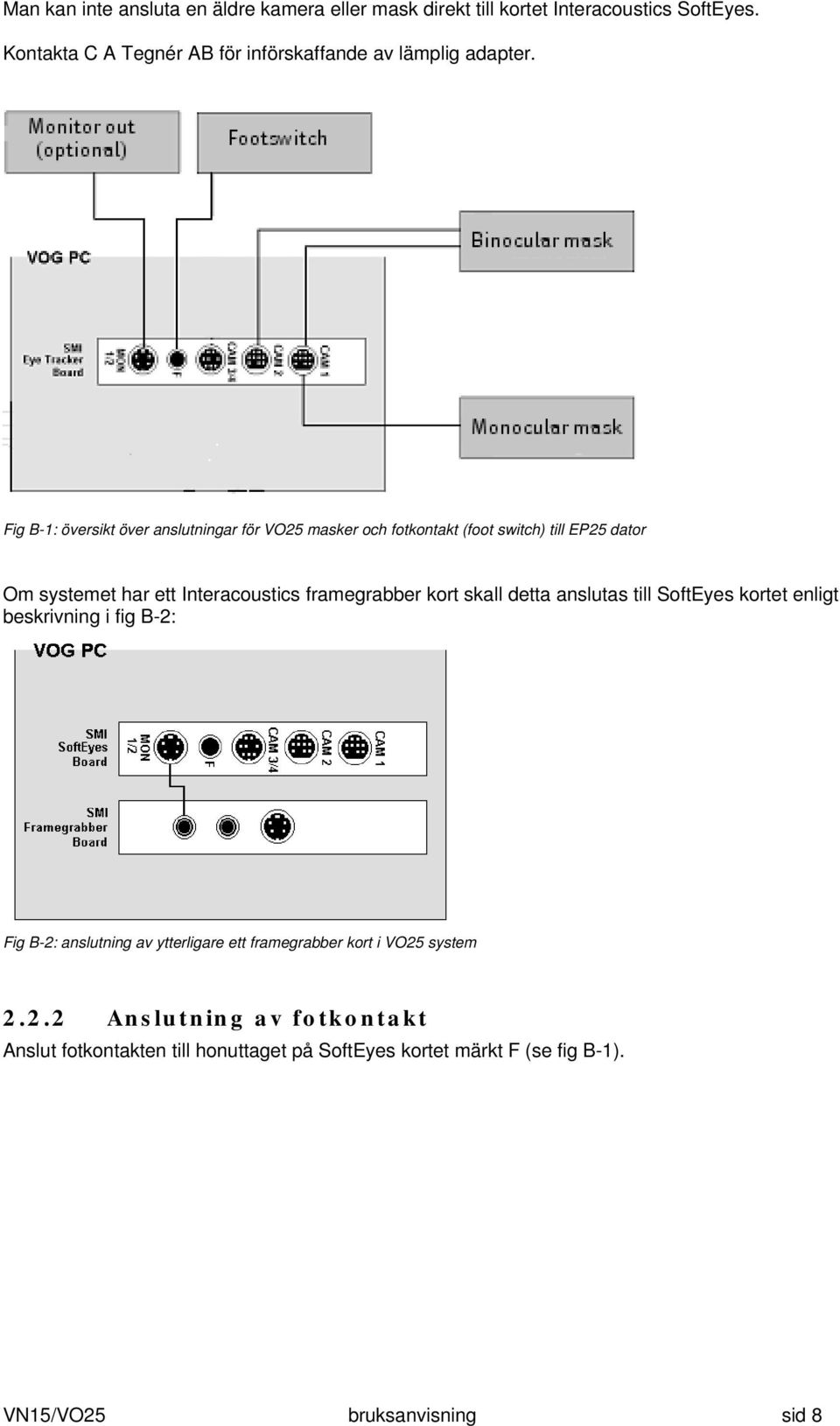 Fig B-1: översikt över anslutningar för VO25 masker och fotkontakt (foot switch) till EP25 dator Om systemet har ett Interacoustics framegrabber