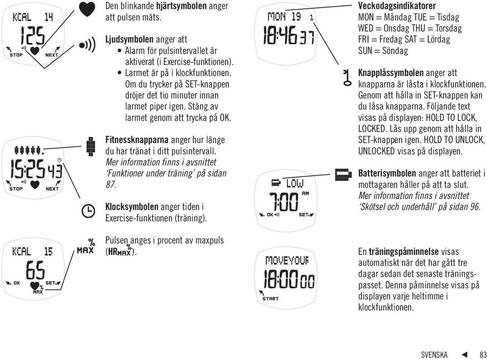 Mer information finns i avsnittet Funktioner under träning på sidan 87. Klocksymbolen anger tiden i Exercise-funktionen (träning). Pulsen anges i procent av maxpuls (HR ).