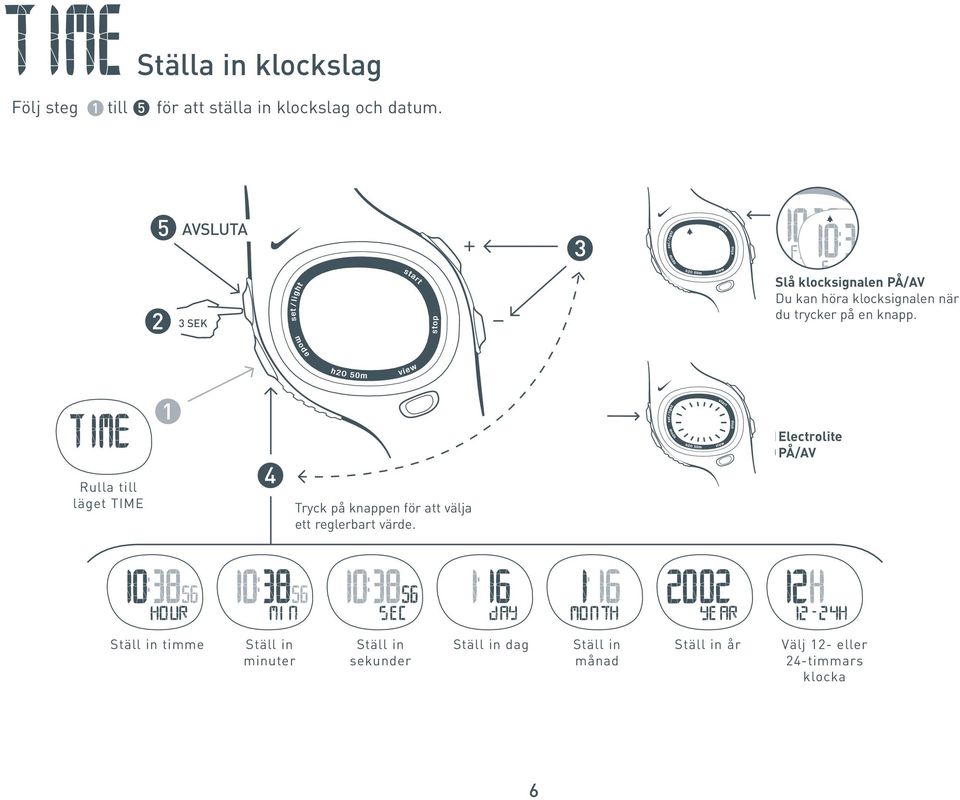 en knapp. Scroll Rulla to till TIME lägetmode TIME 4 Press Tryck button på knappen to select för att välja adjustable ett reglerbart element. värde.