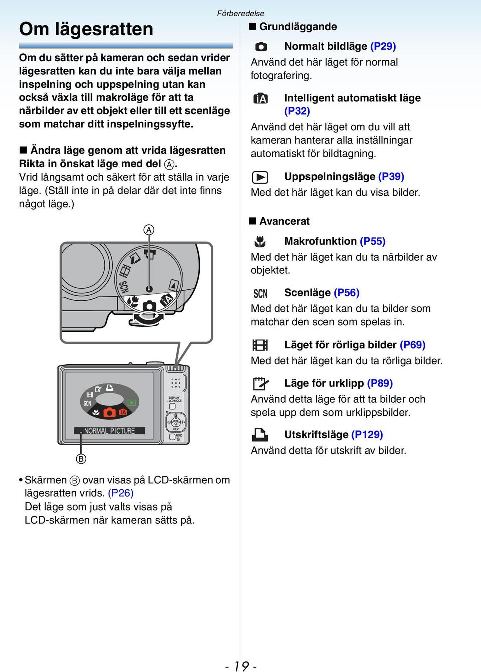 (Ställ inte in på delar där det inte finns något läge.) Förberedelse Grundläggande Normalt bildläge (P29) Använd det här läget för normal fotografering.