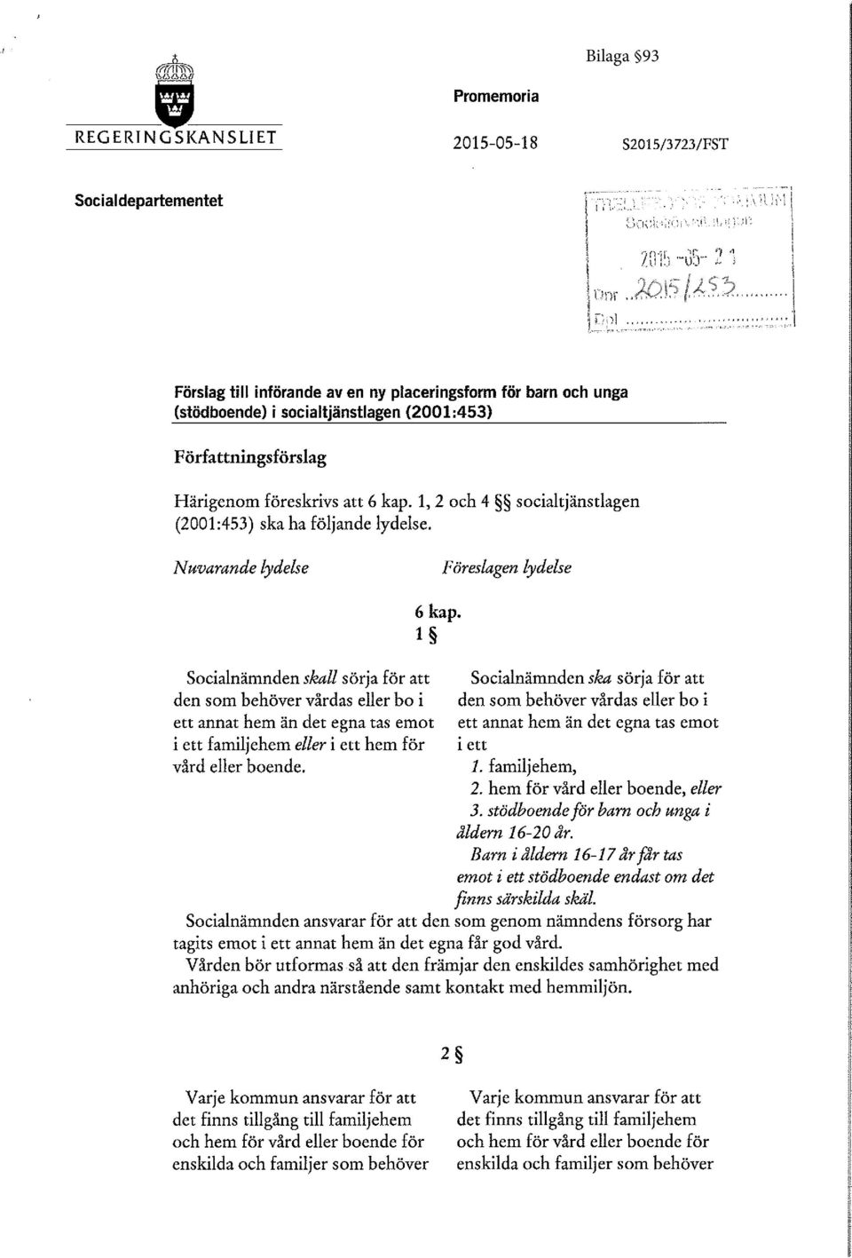 1, 2 och 4 socialtjänstlagen (2001:453) ska ha följande lydelse. Nuvarande lydelse Föreslagen lydelse 6 kap.