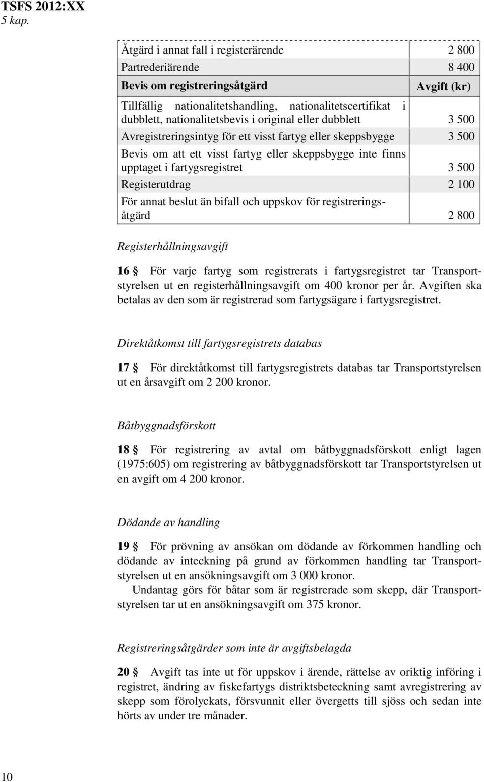 eller dubblett 3 500 Avregistreringsintyg för ett visst fartyg eller skeppsbygge 3 500 Bevis om att ett visst fartyg eller skeppsbygge inte finns upptaget i fartygsregistret 3 500 Registerutdrag 2