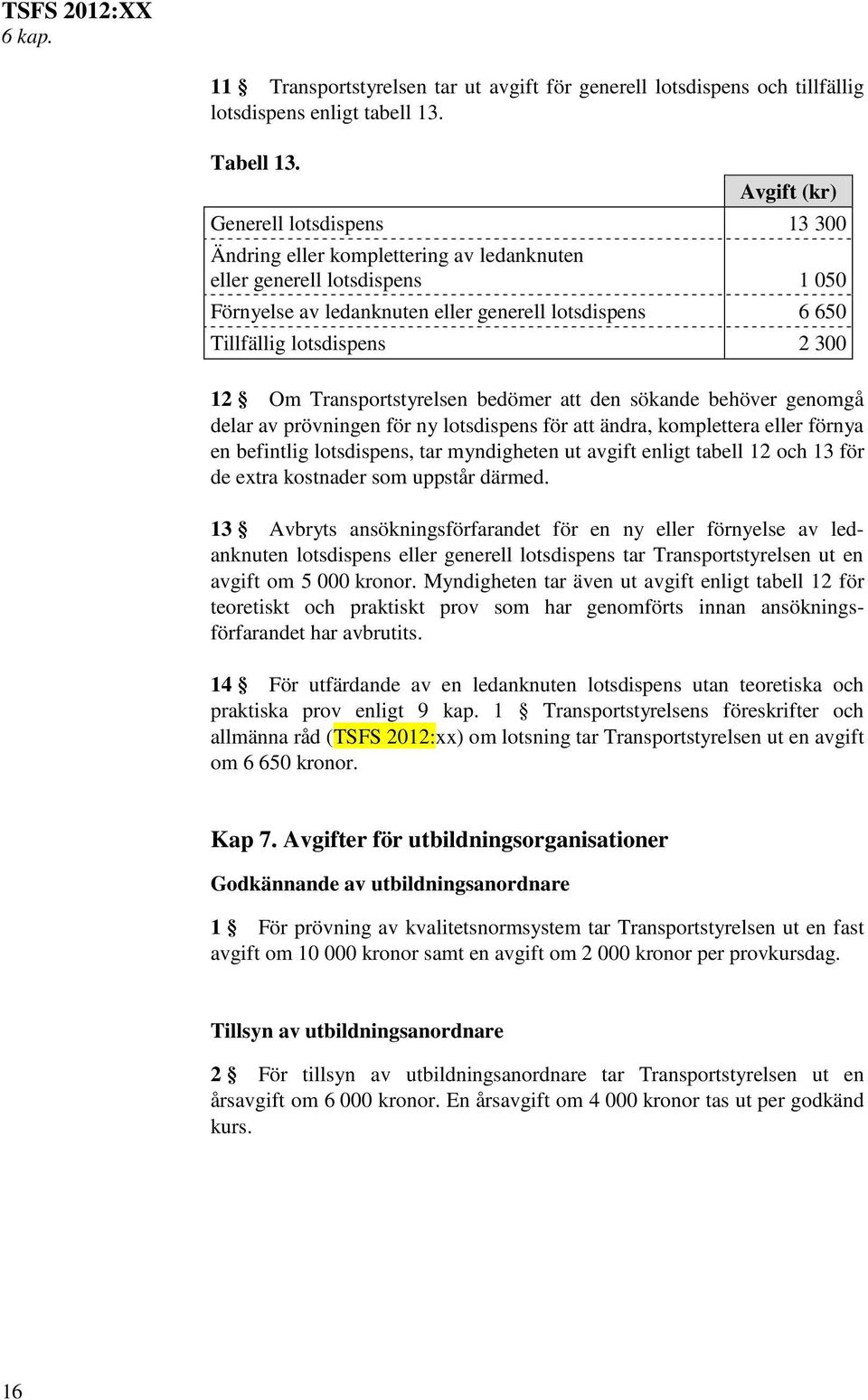 Transportstyrelsen bedömer att den sökande behöver genomgå delar av prövningen för ny lotsdispens för att ändra, komplettera eller förnya en befintlig lotsdispens, tar myndigheten ut avgift enligt