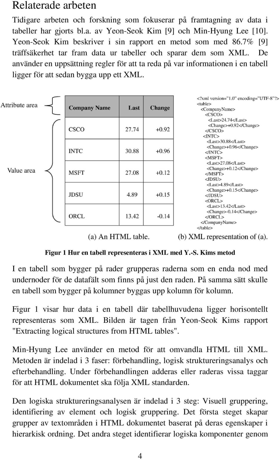 De använder en uppsättning regler för att ta reda på var informationen i en tabell ligger för att sedan bygga upp ett XML. Figur 1 Hur en tabell representeras i XML med Y.-S.