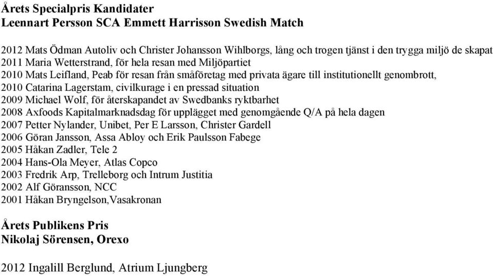 pressad situation 2009 Michael Wolf, för återskapandet av Swedbanks ryktbarhet 2008 Axfoods Kapitalmarknadsdag för upplägget med genomgående Q/A på hela dagen 2007 Petter Nylander, Unibet, Per E