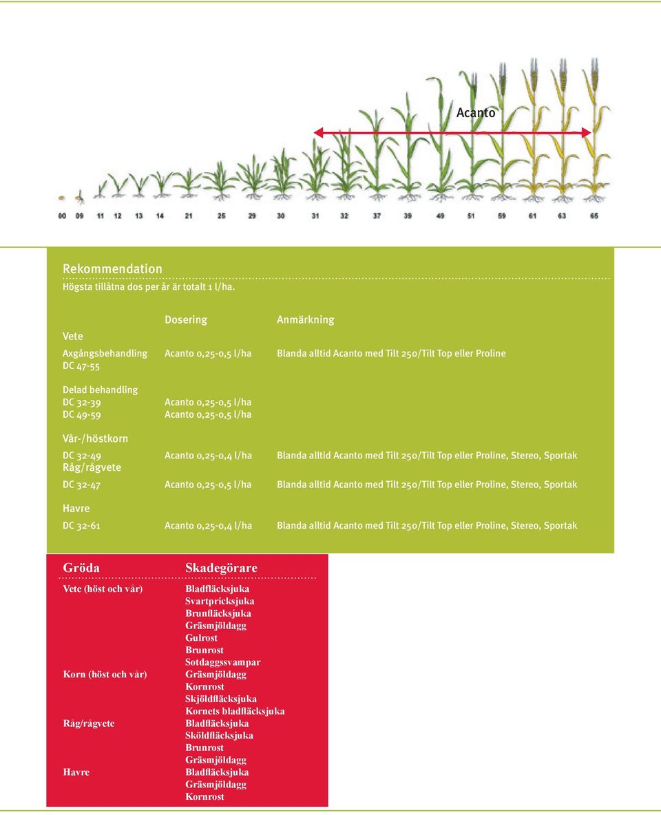 0,25-0,5 l/ha Vår-/höstkorn DC 32-49 Acanto 0,25-0,4 l/ha Blanda alltid Acanto med Tilt 250/Tilt Top eller Proline, Stereo, Sportak Råg/rågvete DC 32-47 Acanto 0,25-0,5 l/ha Blanda alltid Acanto med