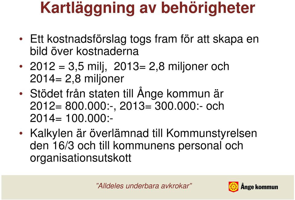 staten till Ånge kommun är 2012= 800.000:-, 2013= 300.000:- och 2014= 100.