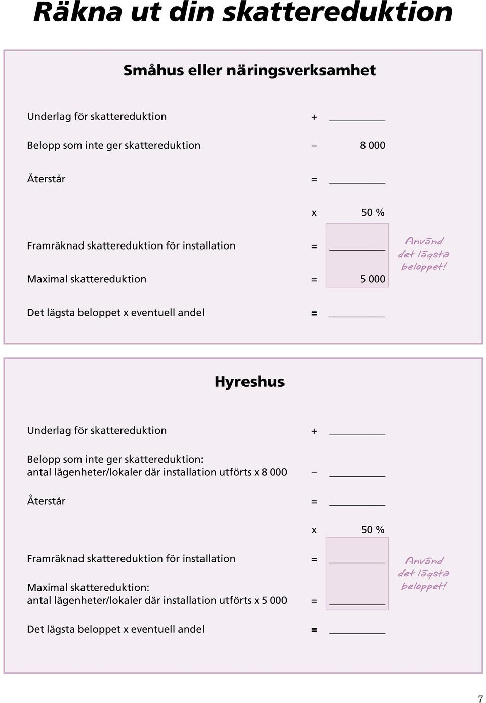 Det lägsta beloppet x eventuell andel Hyreshus Underlag för skattereduktion Belopp som inte ger skattereduktion: antal lägenheter/lokaler där installation