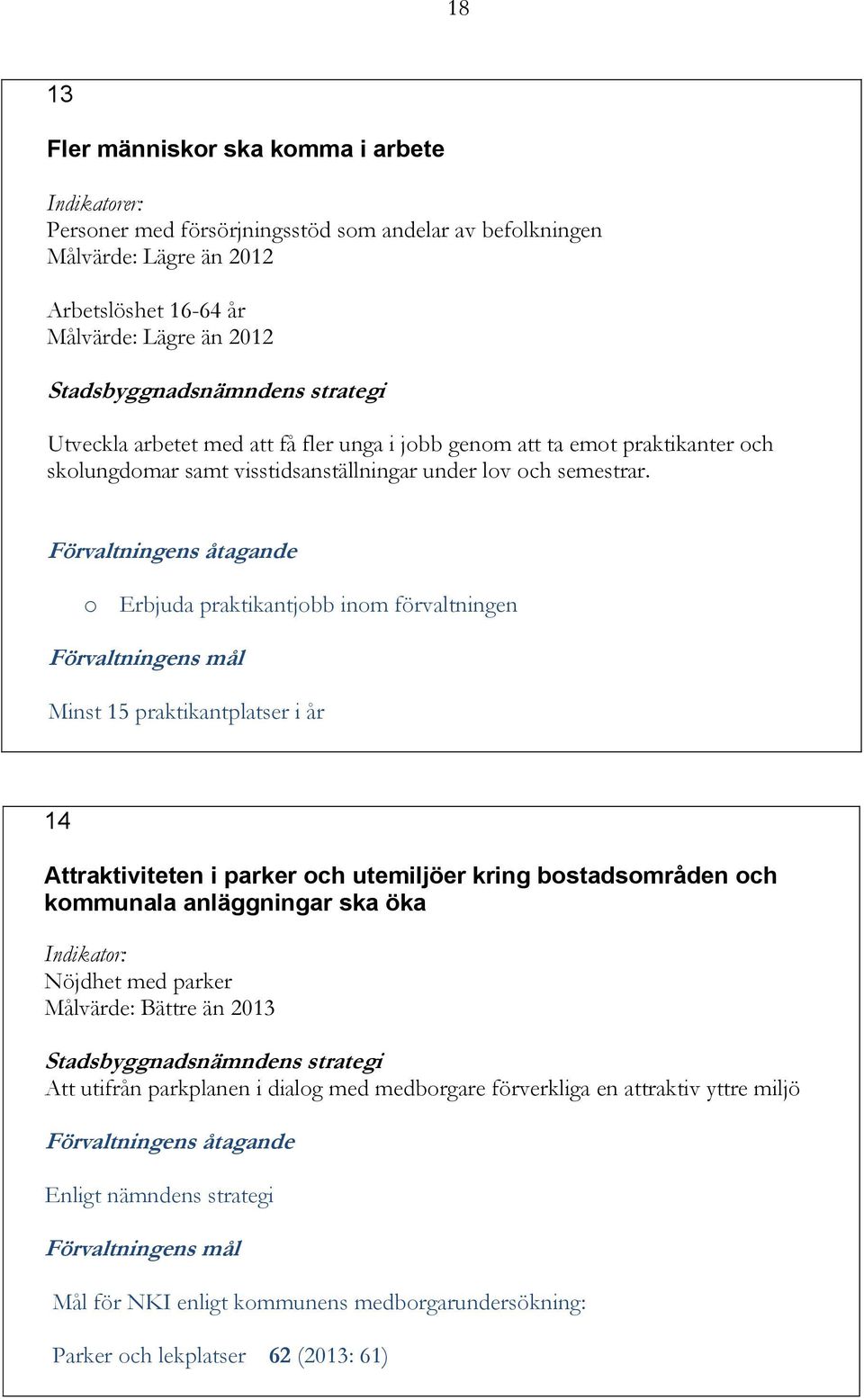 o Erbjuda praktikantjobb inom förvaltningen Förvaltningens mål Minst 15 praktikantplatser i år 14 Attraktiviteten i parker och utemiljöer kring bostadsområden och kommunala anläggningar ska öka