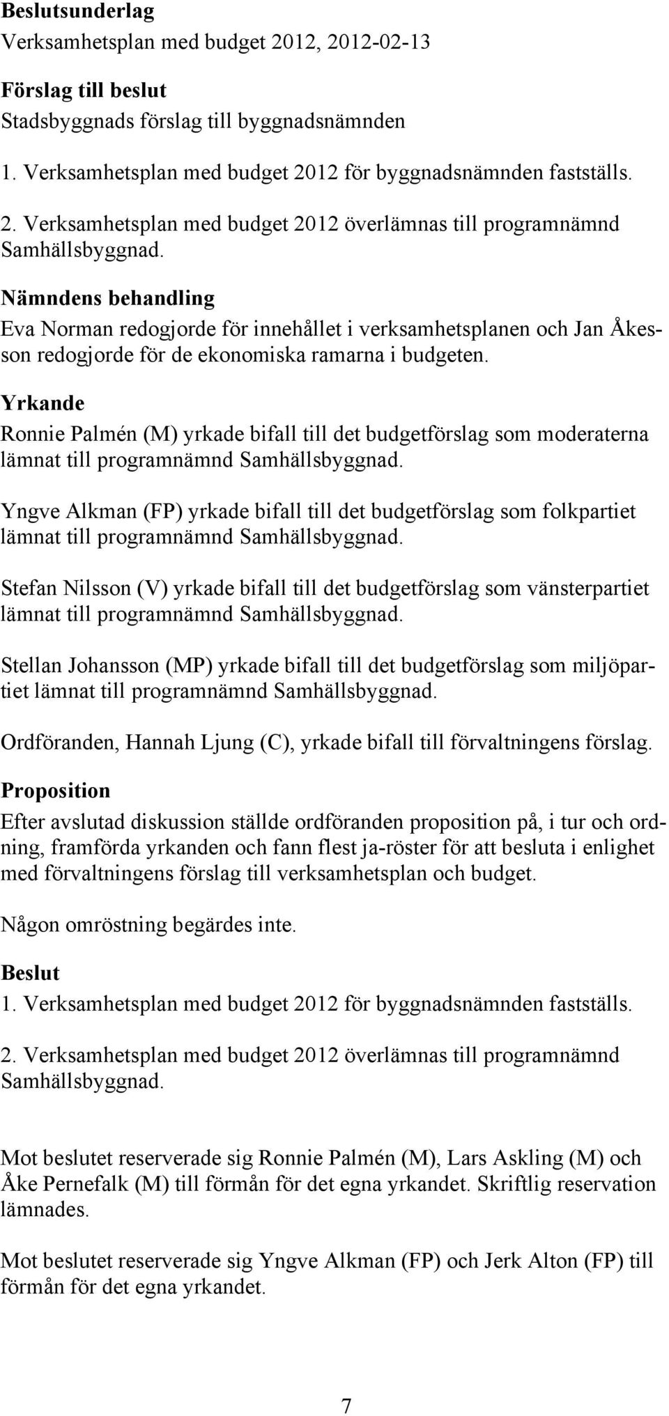 Yrkande Ronnie Palmén (M) yrkade bifall till det budgetförslag som moderaterna lämnat till programnämnd Samhällsbyggnad.