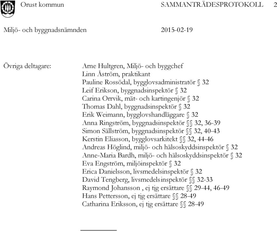 Eliasson, bygglovsarkitekt 32, 44-46 Andreas Höglind, miljö- och hälsoskyddsinspektör 32 Anne-Maria Bardh, miljö- och hälsoskyddsinspektör 32 Eva Engström, miljöinspektör 32 Erica