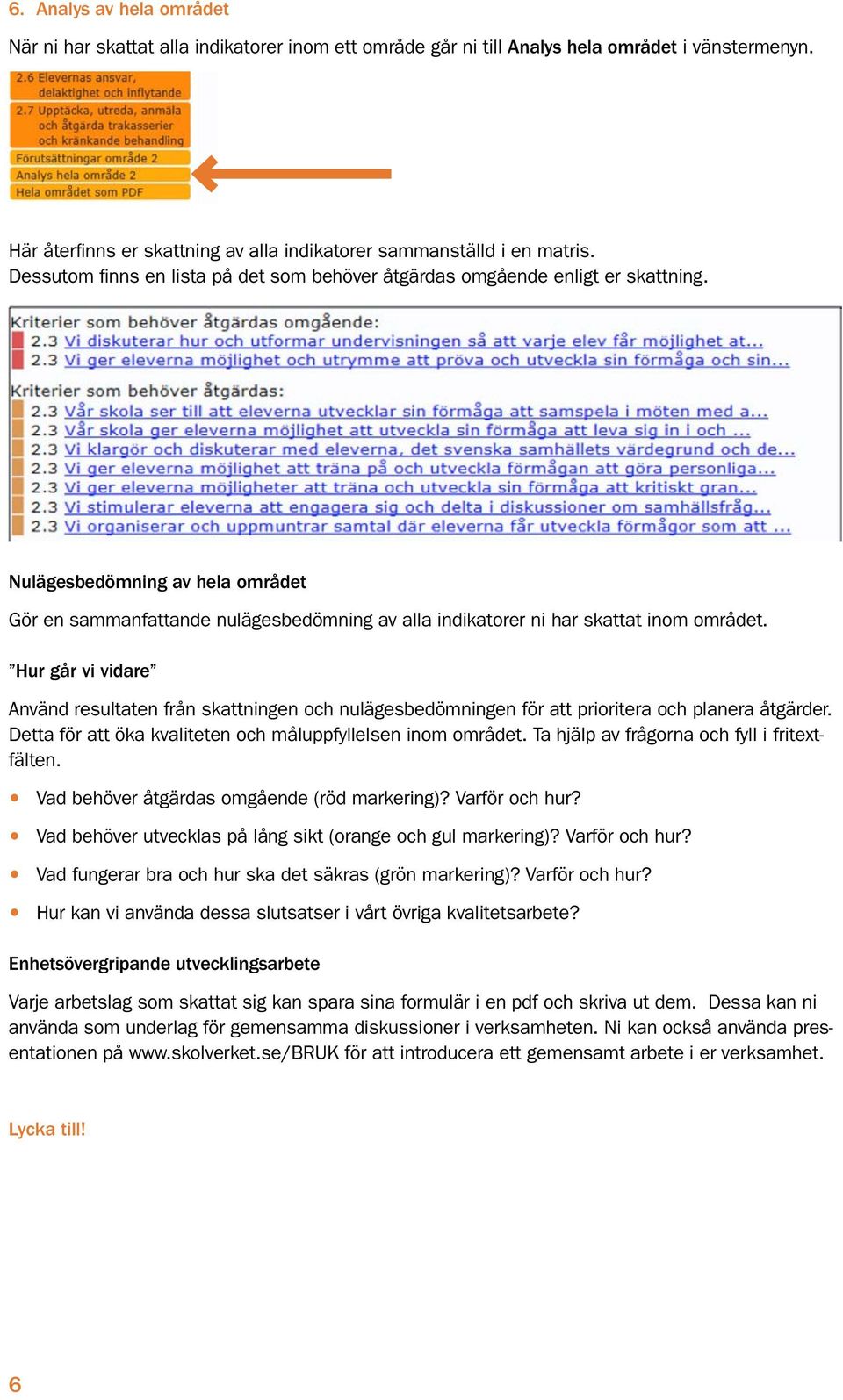 Nulägesbedömning av hela området Gör en sammanfattande nulägesbedömning av alla indikatorer ni har skattat inom området.