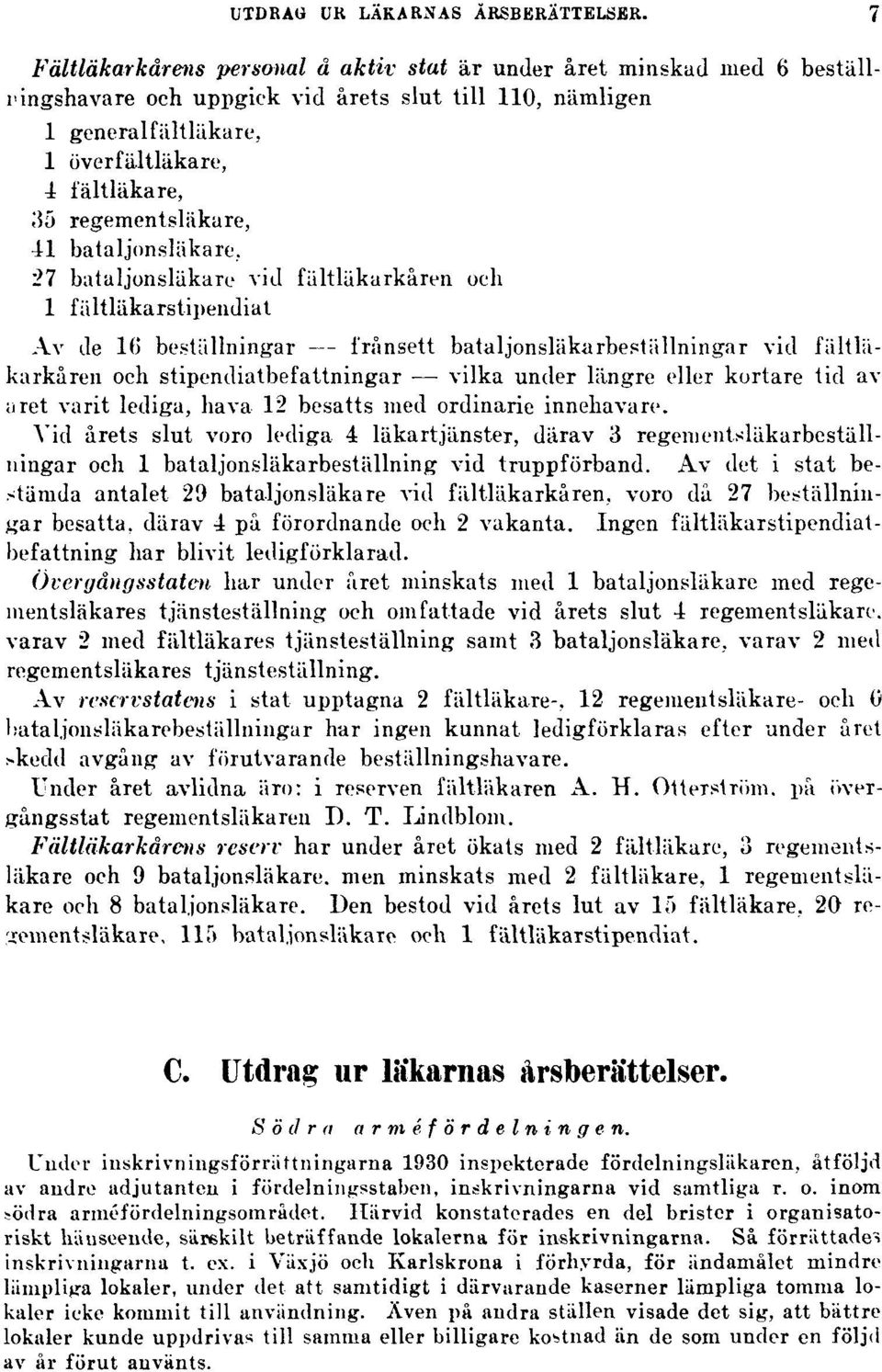 regementsläkare, 41 bataljonsläkare, 27 bataljonsläkare vid fältläkarkåren och 1 fältläkarstipendiat Av de 10 beställningar frånsett bataljonsläkarbeställningar vid fältläkarkåren och