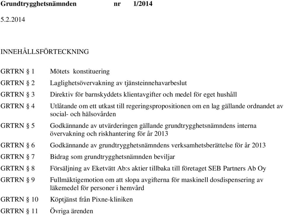 och riskhantering för år 2013 GRTRN 6 Godkännande av grundtrygghetsnämndens verksamhetsberättelse för år 2013 GRTRN 7 GRTRN 8 GRTRN 9 GRTRN 10 GRTRN 11 Bidrag som grundtrygghetsnämnden beviljar