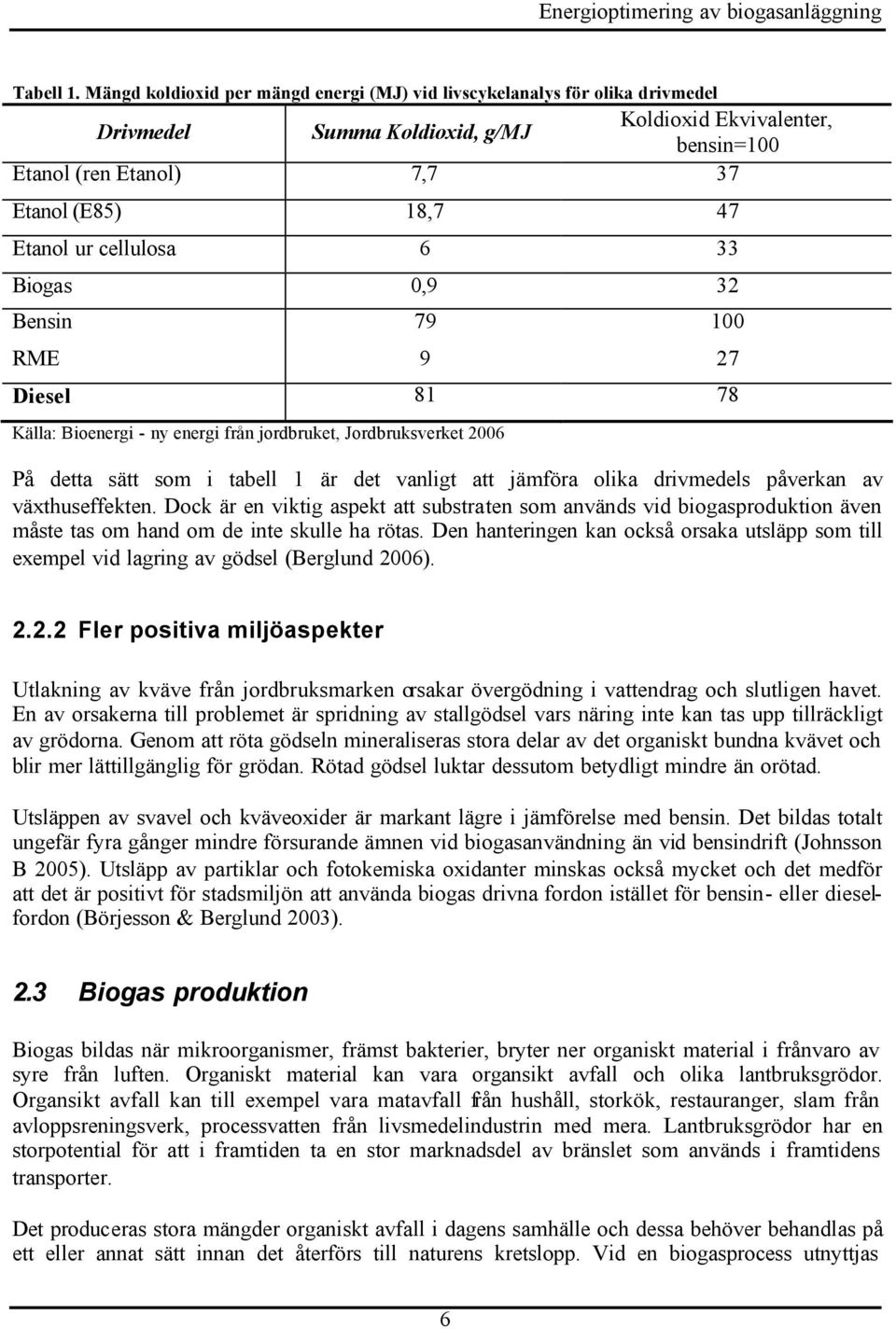 ur cellulosa 6 33 Biogas 0,9 32 Bensin 79 100 RME 9 27 Diesel 81 78 Källa: Bioenergi - ny energi från jordbruket, Jordbruksverket 2006 På detta sätt som i tabell 1 är det vanligt att jämföra olika