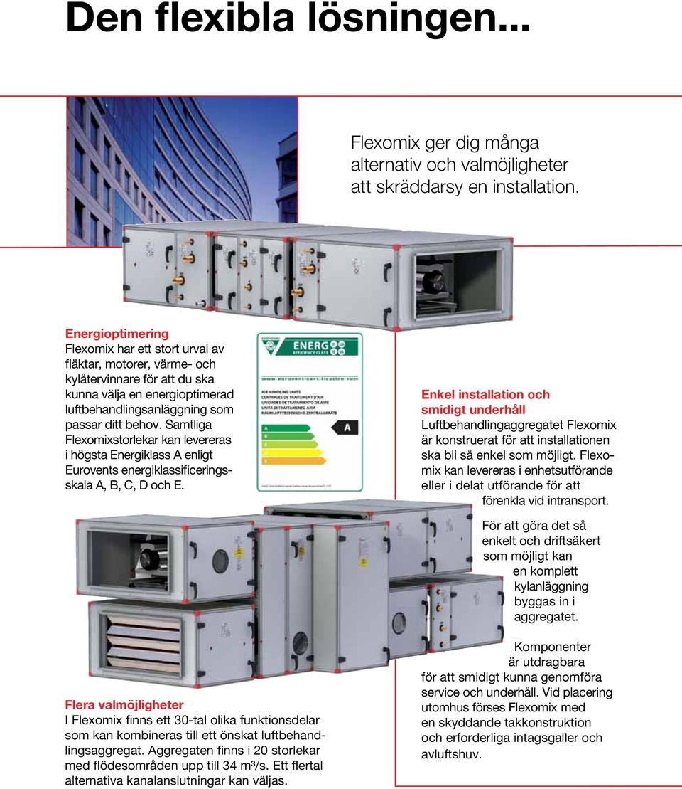 Samtliga Flexomixstorlekar kan levereras i högsta Energiklass A enligt Eurovents energiklassificeringsskala A, B, C, D och E.