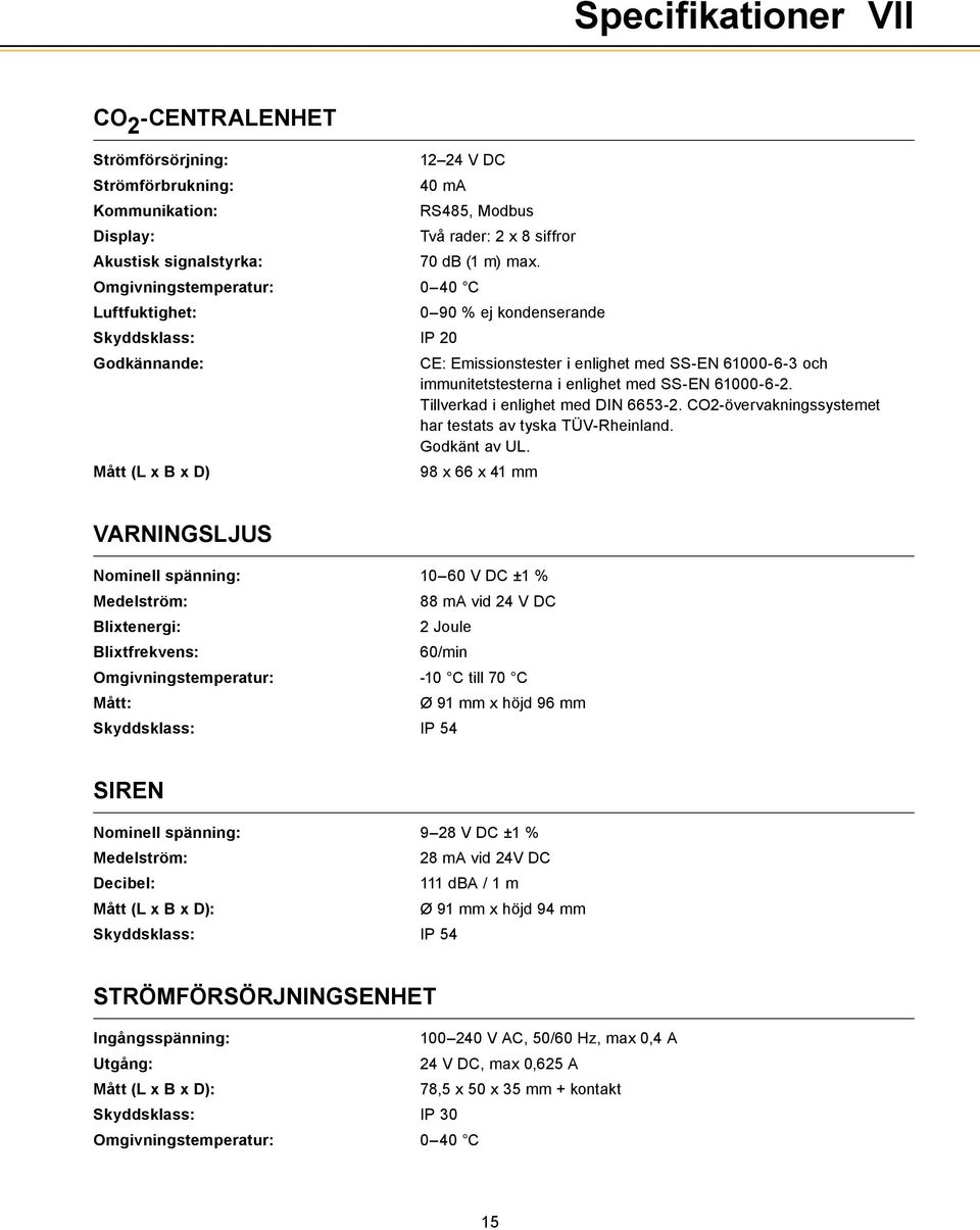 ... immunitetstesterna i enlighet med SS-EN 61000-6-2.... Tillverkad i enlighet med DIN 6653-2. CO2-övervakningssystemet.... har testats av tyska TÜV-Rheinland.... Godkänt av UL.