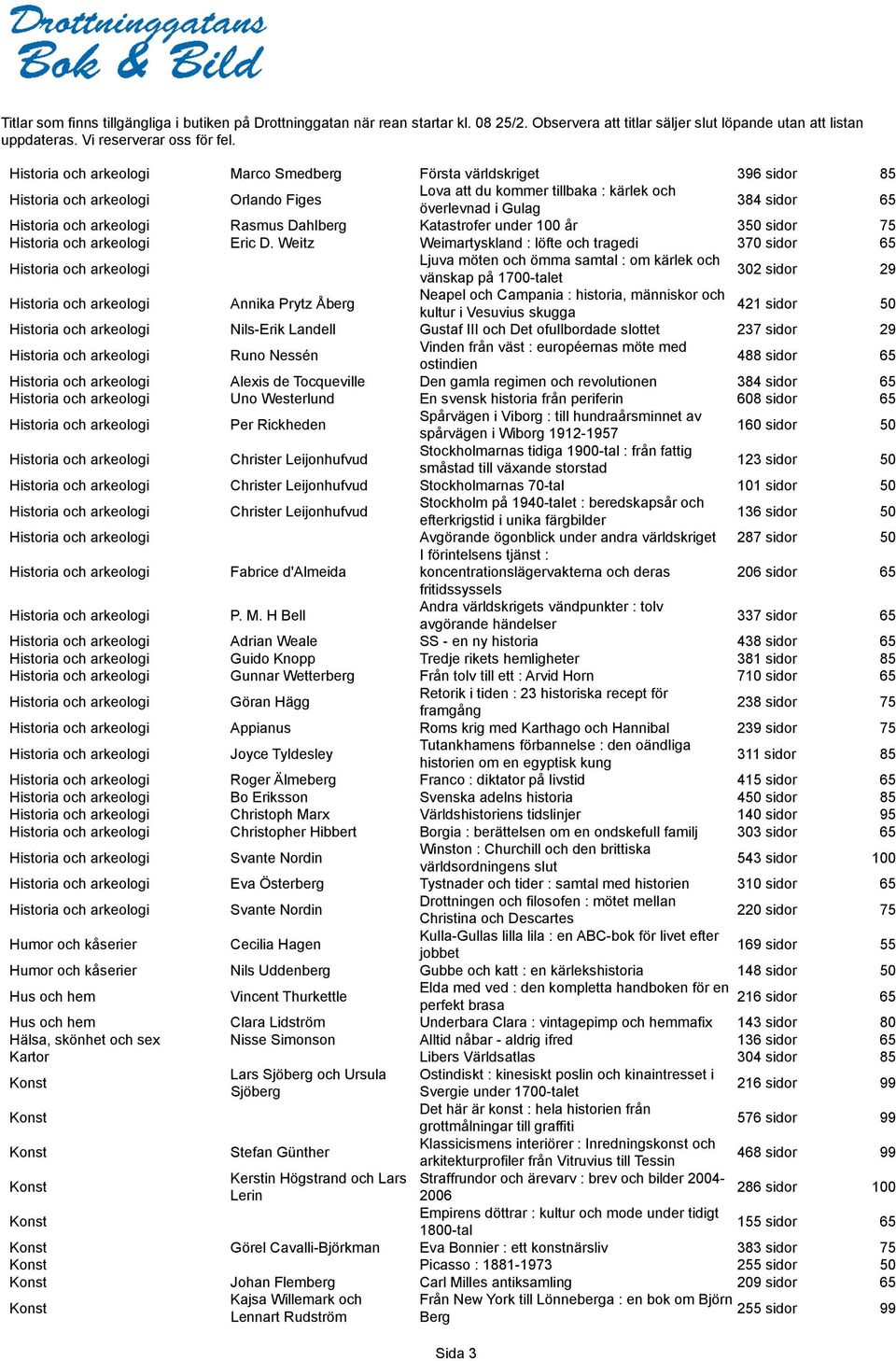 sidor kultur i Vesuvius skugga 50 Nils-Erik Landell Gustaf III och Det ofullbordade slottet 237 sidor 29 Runo Nessén Vinden från väst : européernas möte med ostindien 488 sidor Alexis de Tocqueville