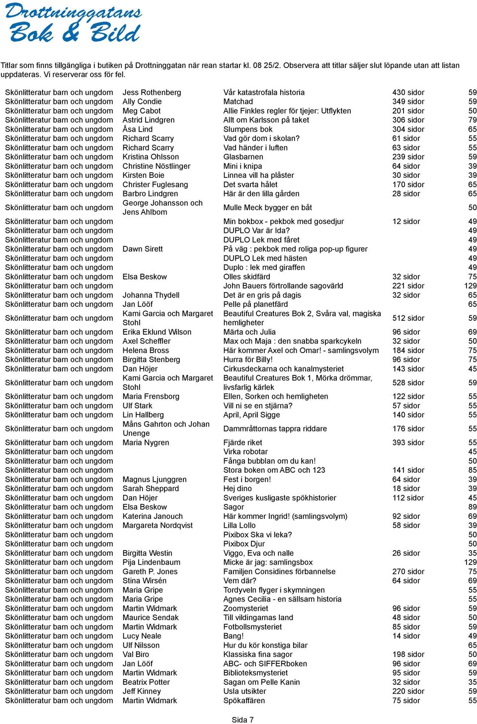 61 sidor 55 Richard Scarry Vad händer i luften 63 sidor 55 Kristina Ohlsson Glasbarnen 239 sidor 59 Christine Nöstlinger Mini i knipa 64 sidor 39 Kirsten Boie Linnea vill ha plåster 30 sidor 39