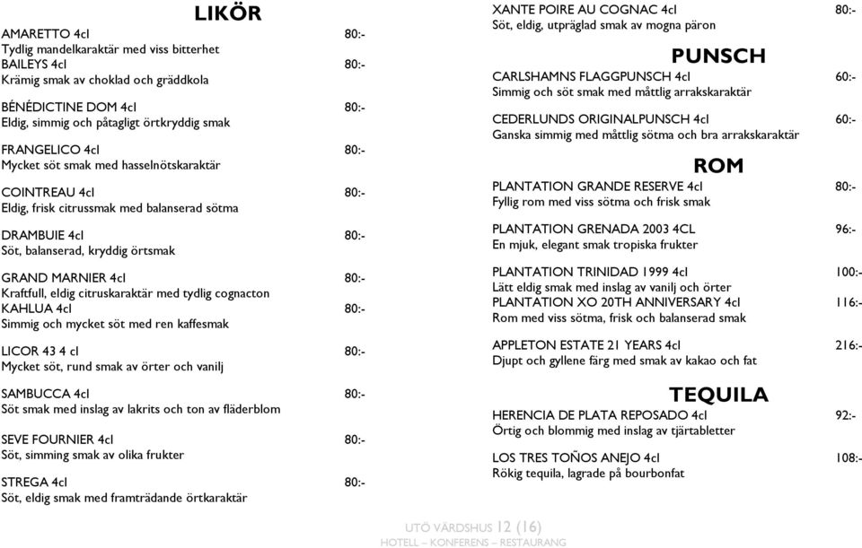 eldig citruskaraktär med tydlig cognacton KAHLUA 4cl 80:- Simmig och mycket söt med ren kaffesmak LICOR 43 4 cl 80:- Mycket söt, rund smak av örter och vanilj SAMBUCCA 4cl 80:- Söt smak med inslag av