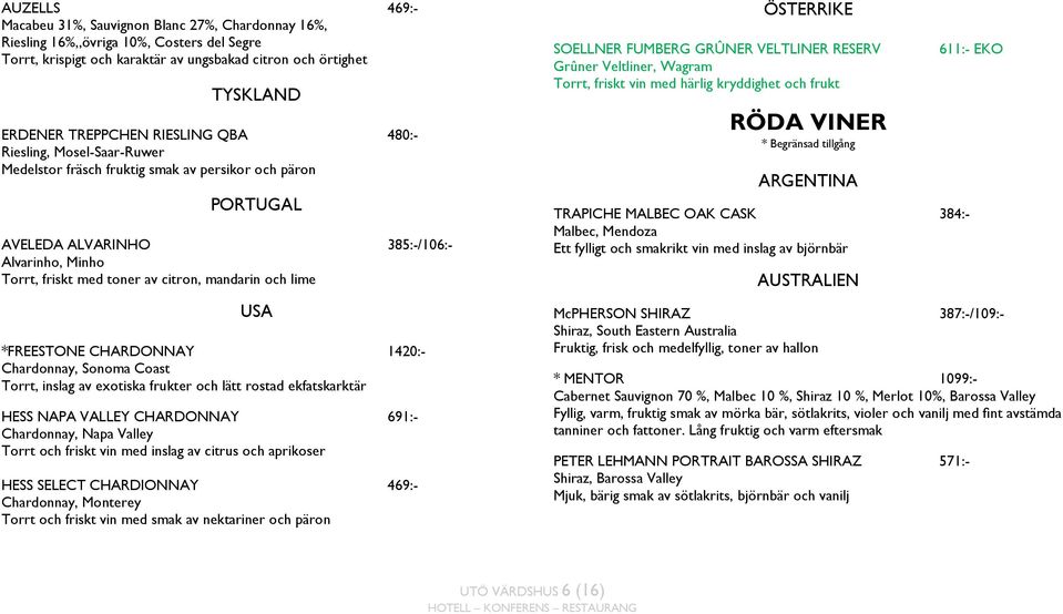 och lime USA *FREESTONE CHARDONNAY 1420:- Chardonnay, Sonoma Coast Torrt, inslag av exotiska frukter och lätt rostad ekfatskarktär HESS NAPA VALLEY CHARDONNAY 691:- Chardonnay, Napa Valley Torrt och