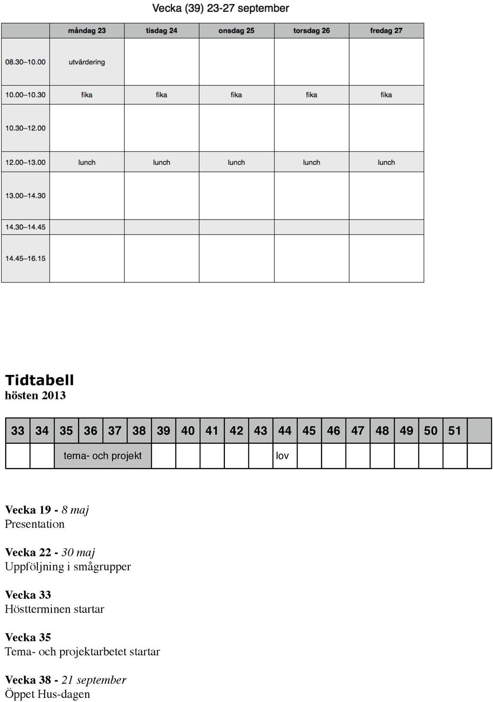 22-30 maj Uppföljning i smågrupper Vecka 33 Höstterminen startar