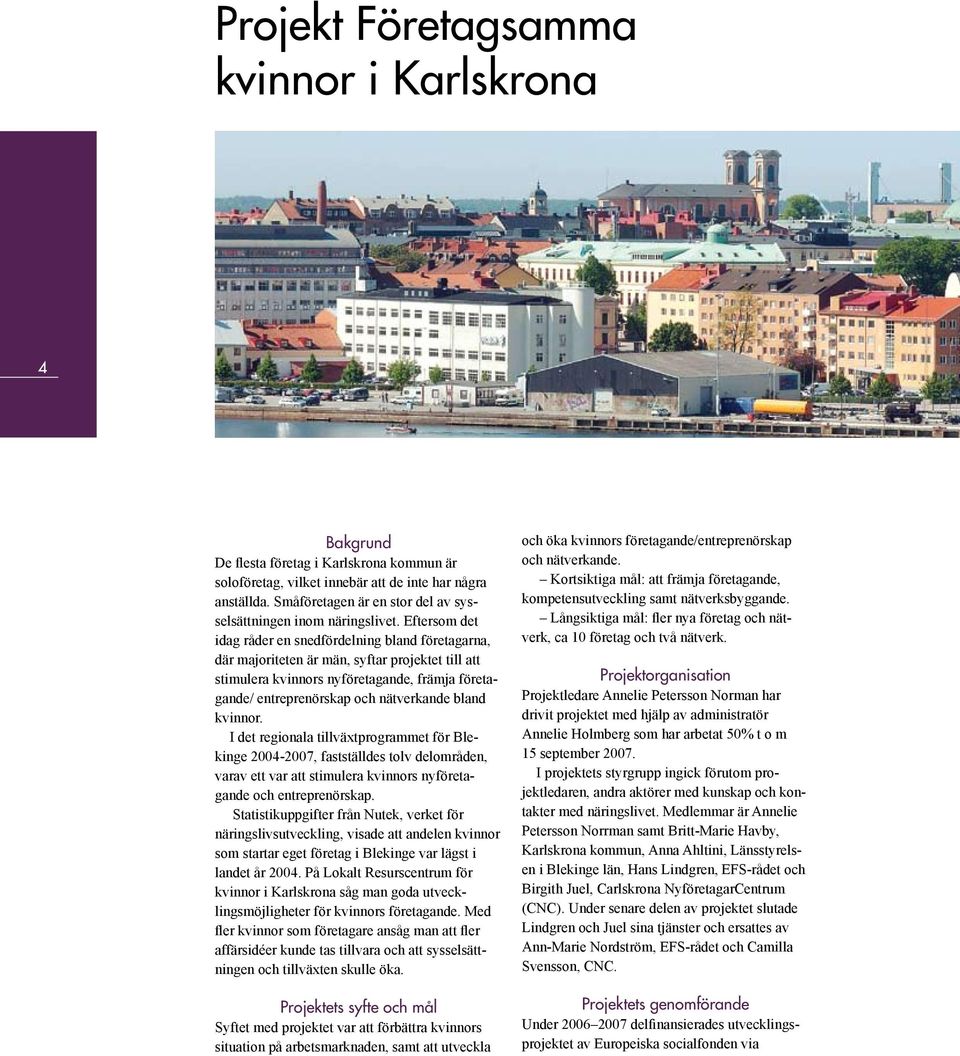 Eftersom det idag råder en snedfördelning bland företagarna, där majoriteten är män, syftar projektet till att stimulera kvinnors nyföretagande, främja företagande/ entreprenörskap och nätverkande