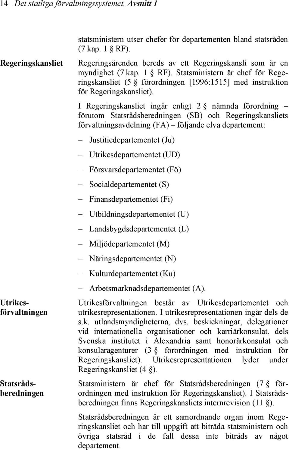 I Regeringskansliet ingår enligt 2 nämnda förordning förutom Statsrådsberedningen (SB) och Regeringskansliets förvaltningsavdelning (FA) följande elva departement: Justitiedepartementet (Ju)