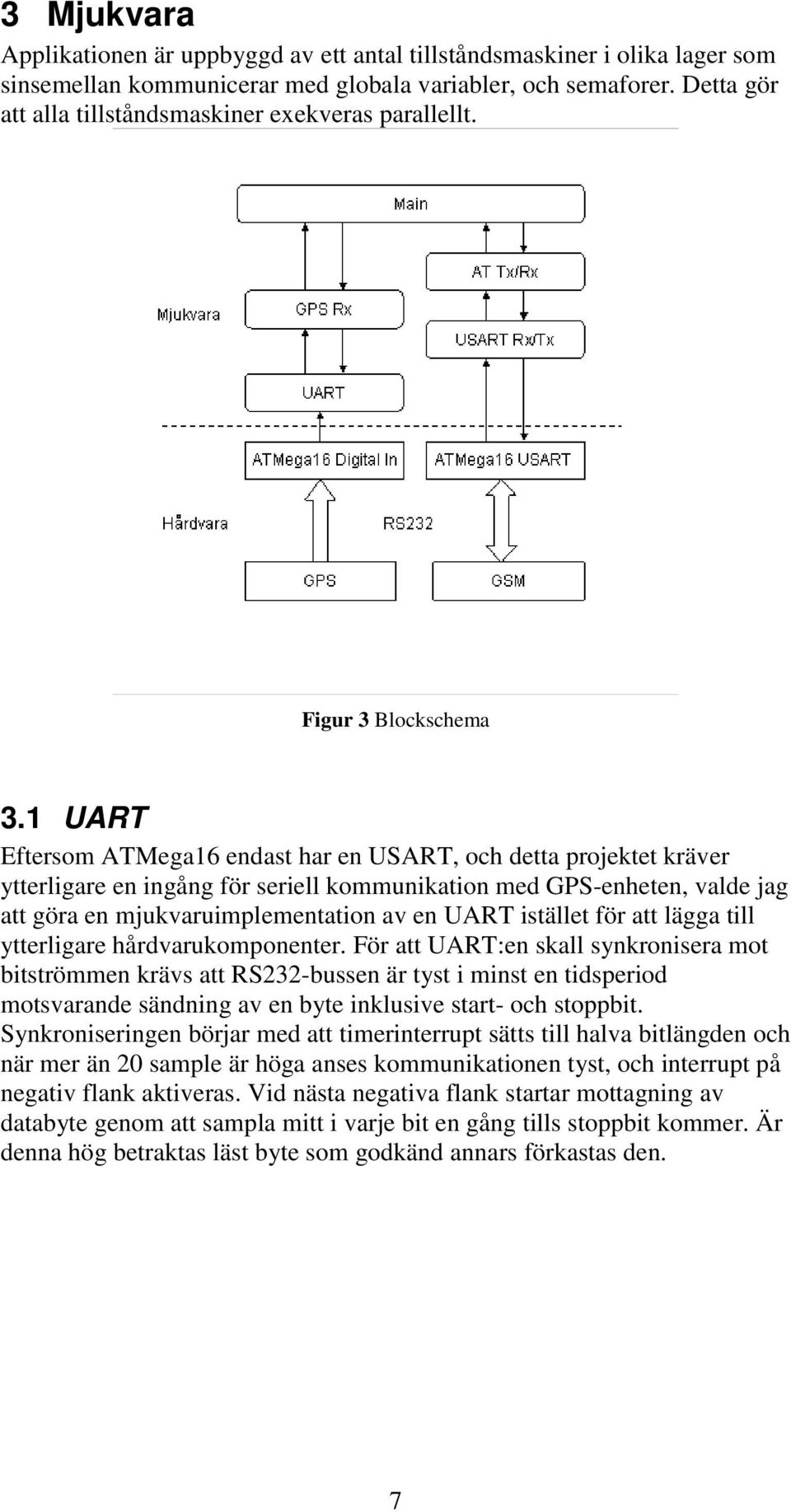 1 UART Eftersom ATMega16 endast har en USART, och detta projektet kräver ytterligare en ingång för seriell kommunikation med GPS-enheten, valde jag att göra en mjukvaruimplementation av en UART