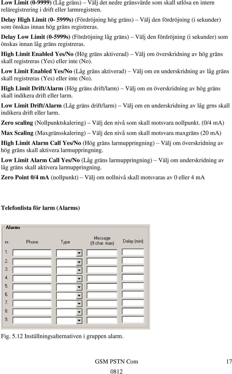 Delay Low Limit (0-5999s) (Fördröjning låg gräns) Välj den fördröjning (i sekunder) som önskas innan låg gräns registreras.