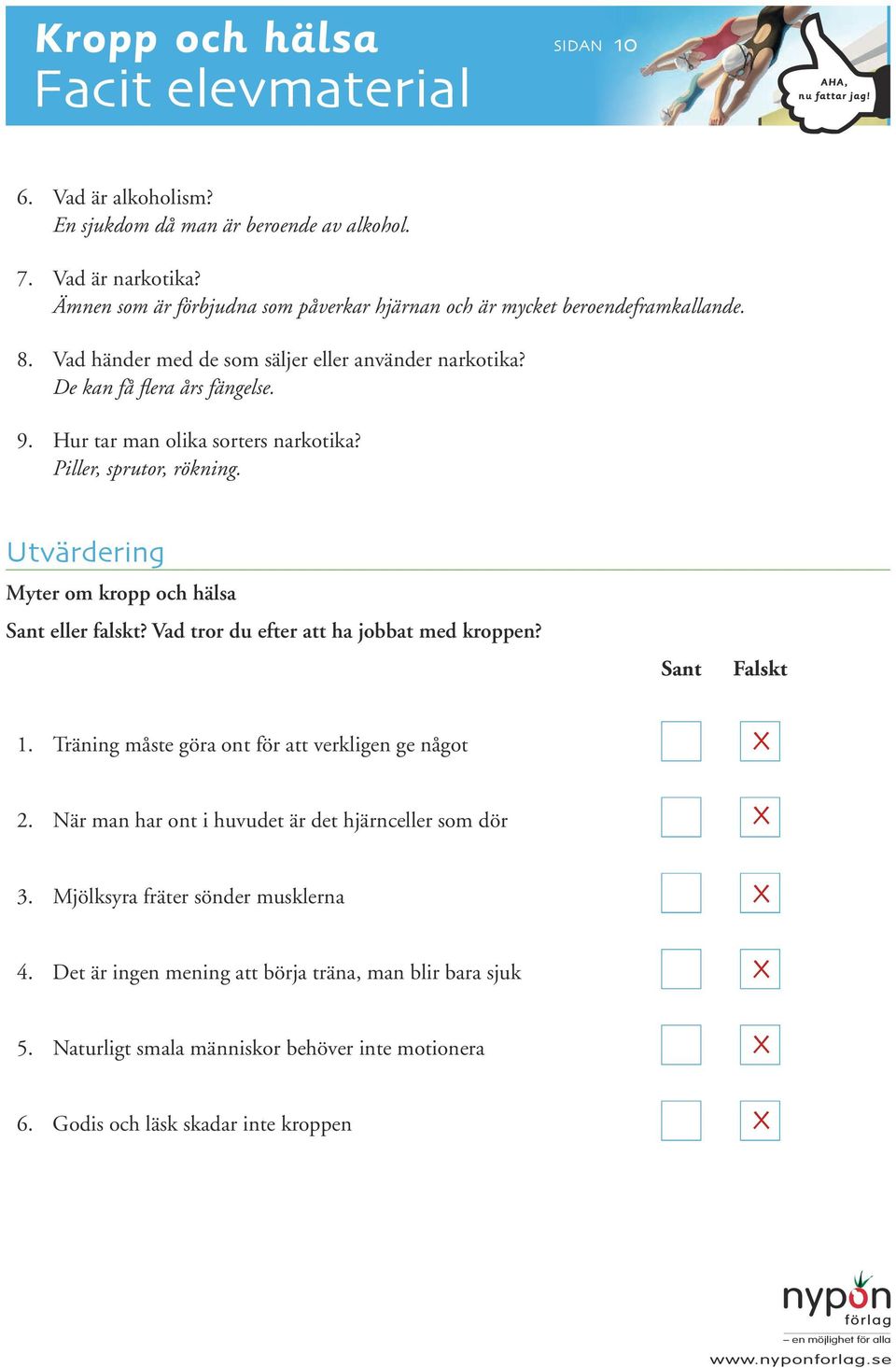 Hur tar man olika sorters narkotika? Piller, sprutor, rökning. Utvärdering Myter om kropp och hälsa Sant eller falskt? Vad tror du efter att ha jobbat med kroppen? Sant Falskt 1.