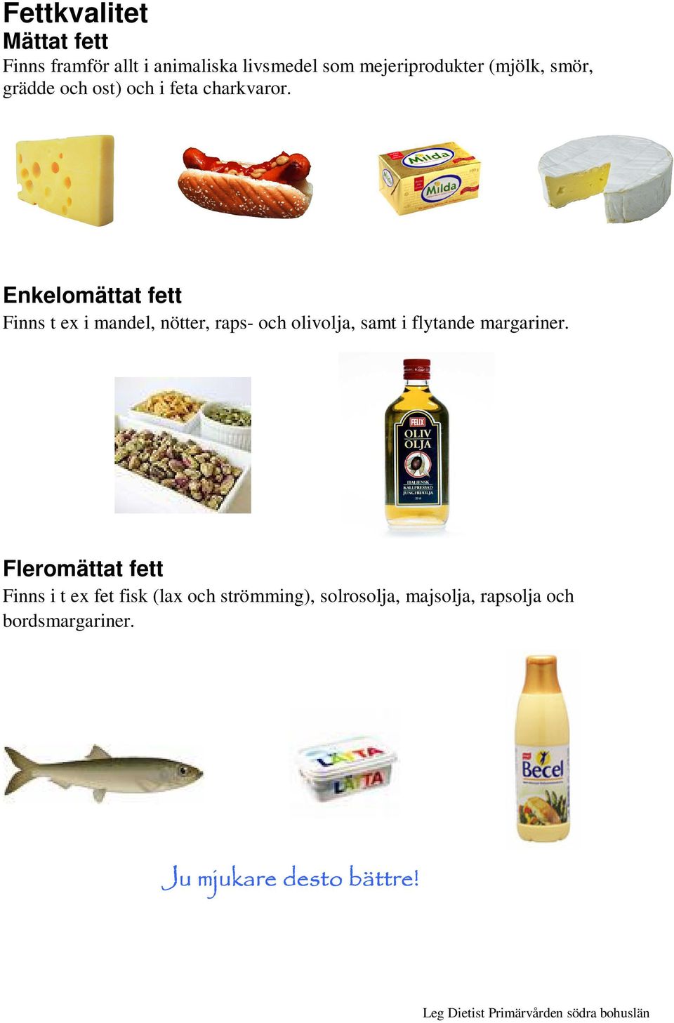 Enkelomättat fett Finns t ex i mandel, nötter, raps- och olivolja, samt i flytande margariner.