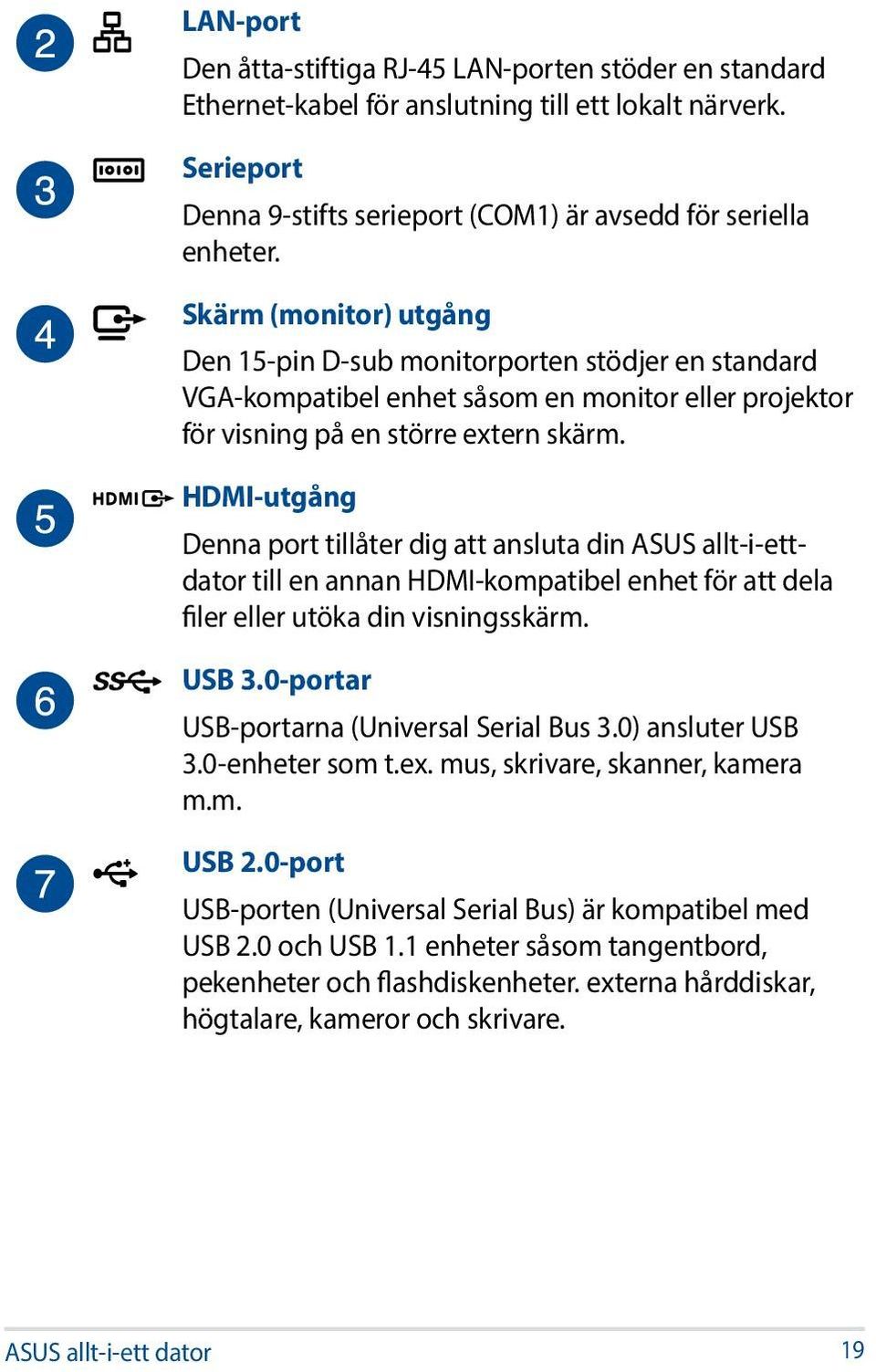 HDMI-utgång Denna port tillåter dig att ansluta din ASUS allt-i-ettdator till en annan HDMI-kompatibel enhet för att dela filer eller utöka din visningsskärm. USB 3.