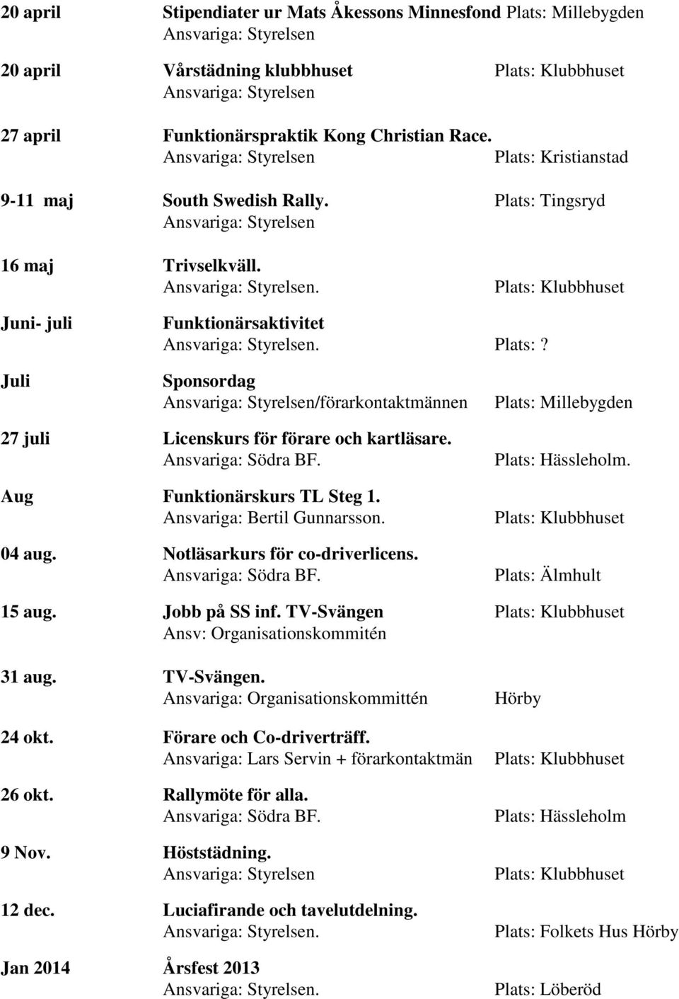 Plats:? Juli Sponsordag Ansvariga: Styrelsen/förarkontaktmännen Plats: Millebygden 27 juli Licenskurs för förare och kartläsare. Aug Funktionärskurs TL Steg 1. Ansvariga: Bertil Gunnarsson. 04 aug.