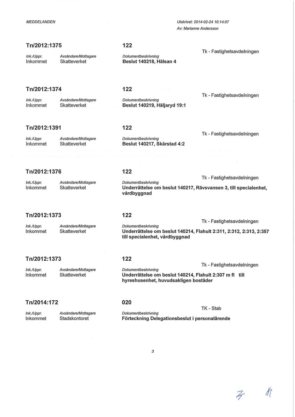 /Uppr Avsändare/Mottagare Skatteverket 122 Beslut 140217, Skärstad 4:2 Tk - Fastighetsavdelningen Tn/2012:1376 Ink.