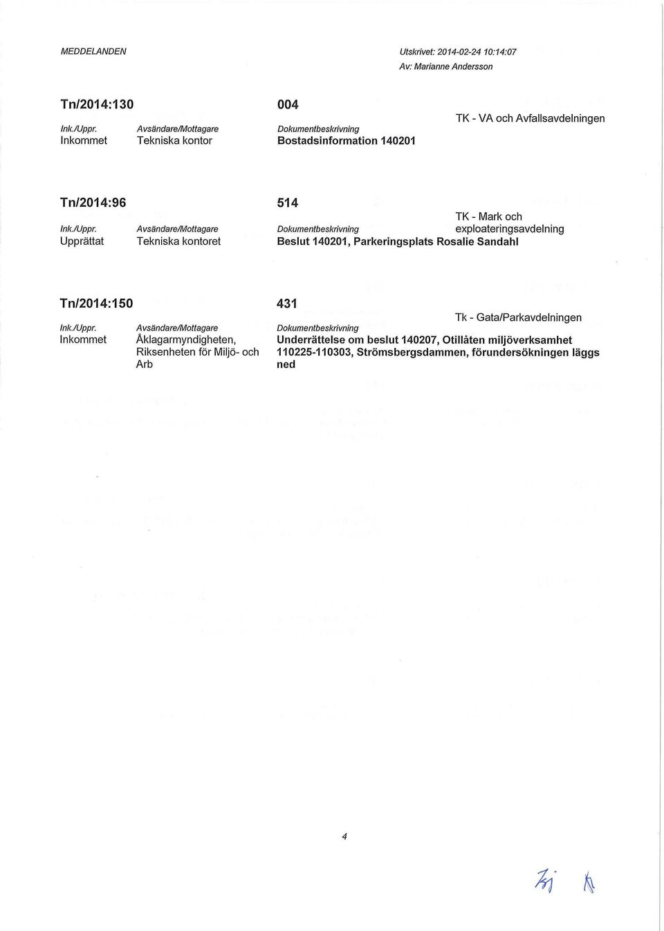 vsändare/mottagare Tekniska kontoret 514 TK - Mark och exploateringsavdelning Beslut 140201, Parkeringsplats Rosalie Sandahl Tn/2014:150 431 Tk -