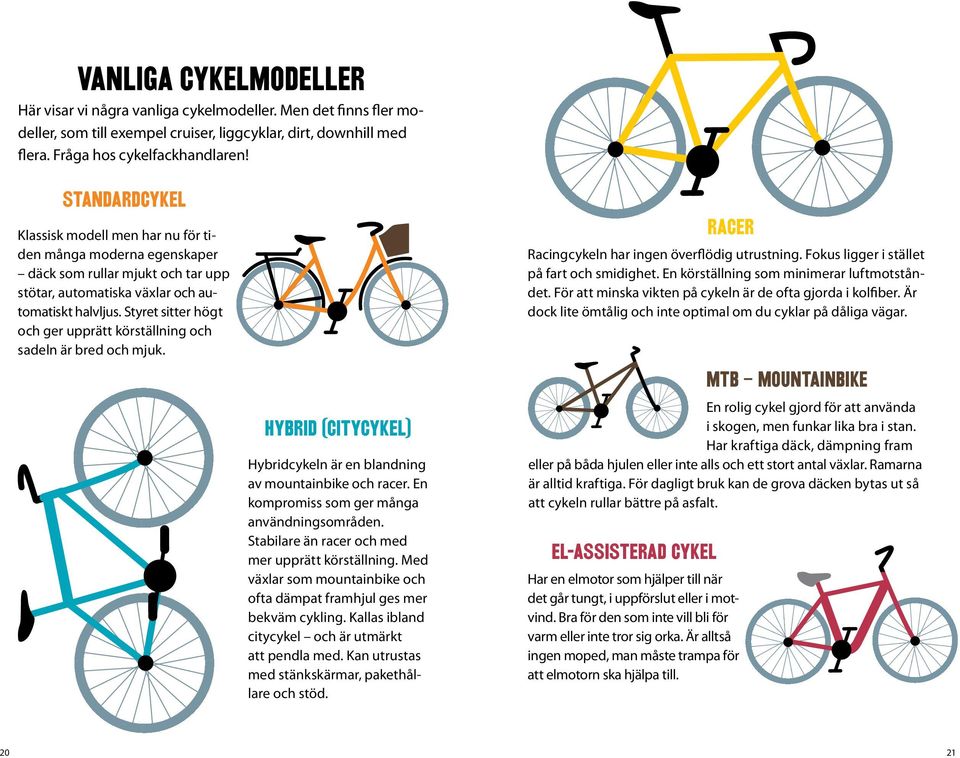 Styret sitter högt och ger upprätt körställning och sadeln är bred och mjuk. Hybrid (citycykel) Hybridcykeln är en blandning av mountainbike och racer. En kompromiss som ger många användningsområden.