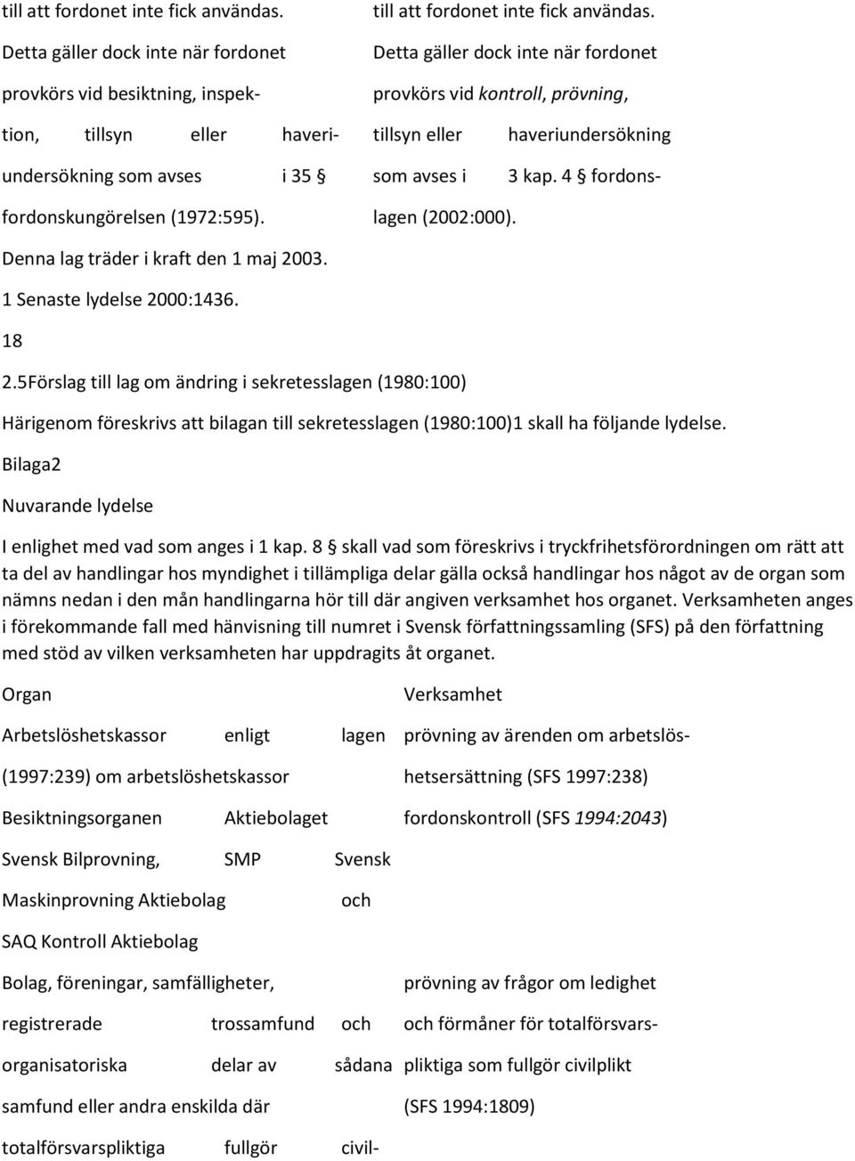 4 fordons- fordonskungörelsen (1972:595). lagen (2002:000). Denna lag träder i kraft den 1 maj 2003. 1 Senaste lydelse 2000:1436. 18 2.