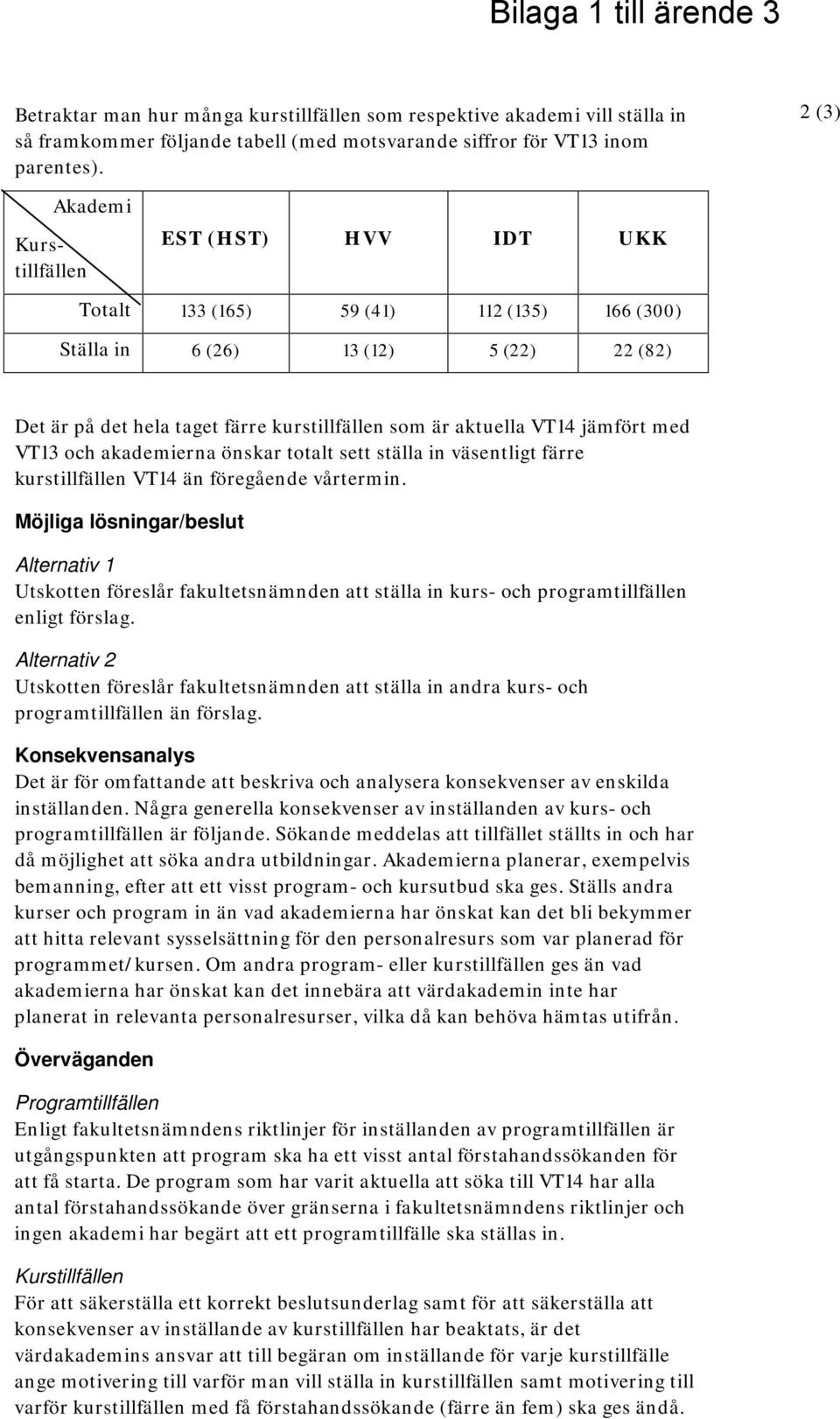 VT14 jämfört med VT13 och akademierna önskar totalt sett ställa in väsentligt färre kurstillfällen VT14 än föregående vårtermin.