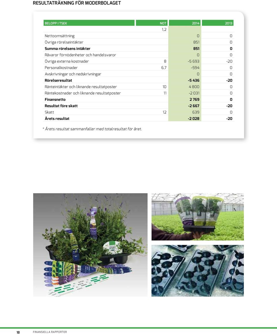 Rörelseresultat -5 436-20 Ränteintäkter och liknande resultatposter 10 4 800 0 Räntekostnader och liknande resultatposter 11-2 031 0 Finansnetto 2