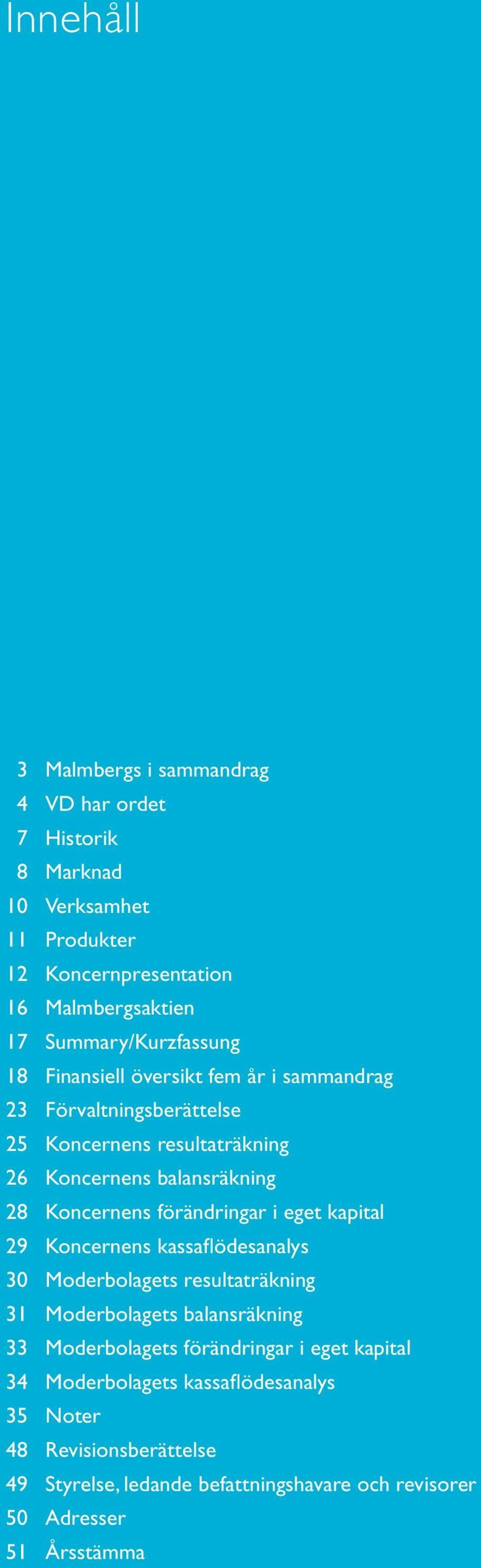 Koncernens förändringar i eget kapital 29 Koncernens kassaflödesanalys 30 Moderbolagets resultaträkning 31 Moderbolagets balansräkning 33 Moderbolagets