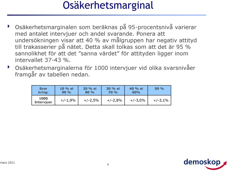 Detta skall tolkas som att det är 95 % sannolikhet för att det sanna värdet för attityden ligger inom intervallet 37-43 %.