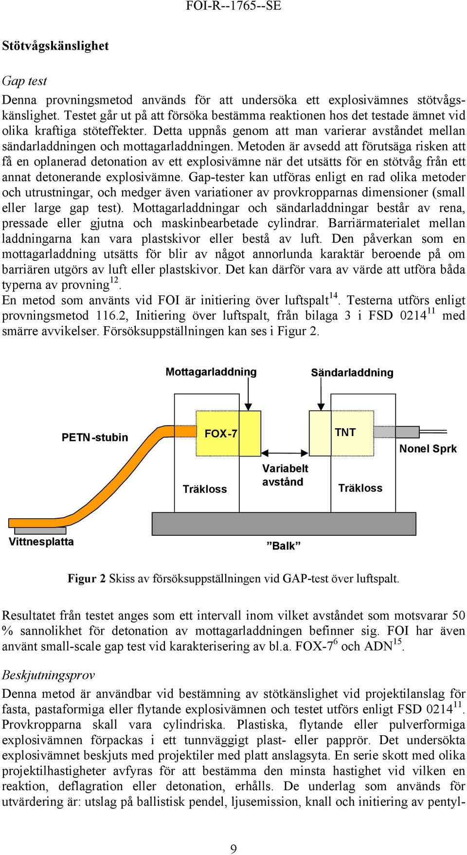 Metoden är avsedd att förutsäga risken att få en oplanerad detonation av ett explosivämne när det utsätts för en stötvåg från ett annat detonerande explosivämne.