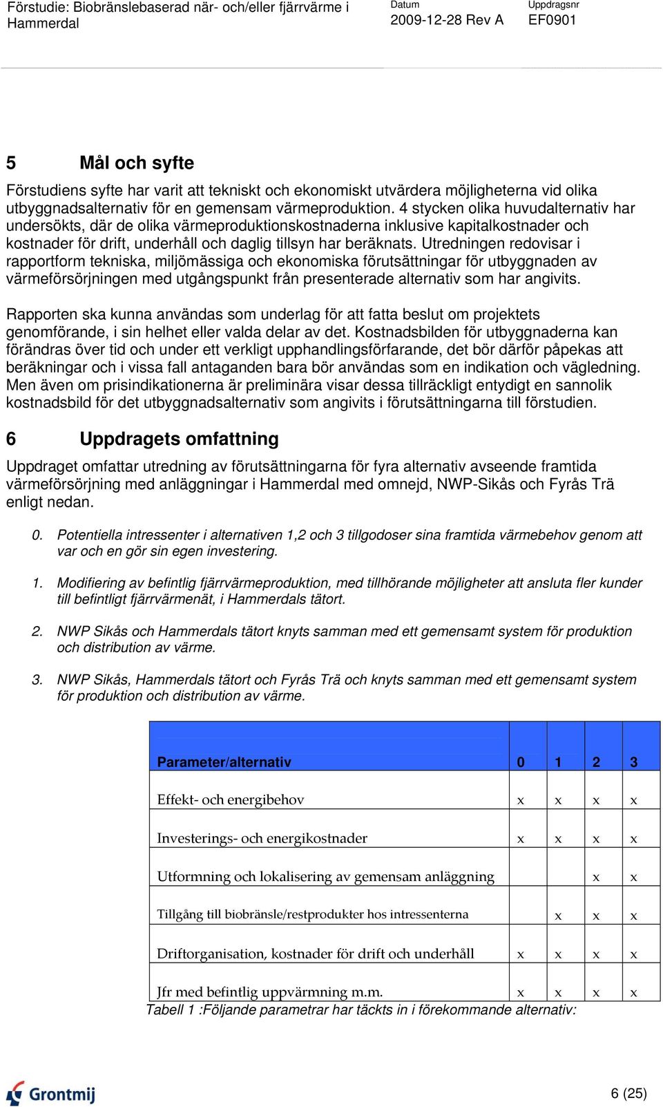 Utredningen redovisar i rapportform tekniska, miljömässiga och ekonomiska förutsättningar för utbyggnaden av värmeförsörjningen med utgångspunkt från presenterade alternativ som har angivits.