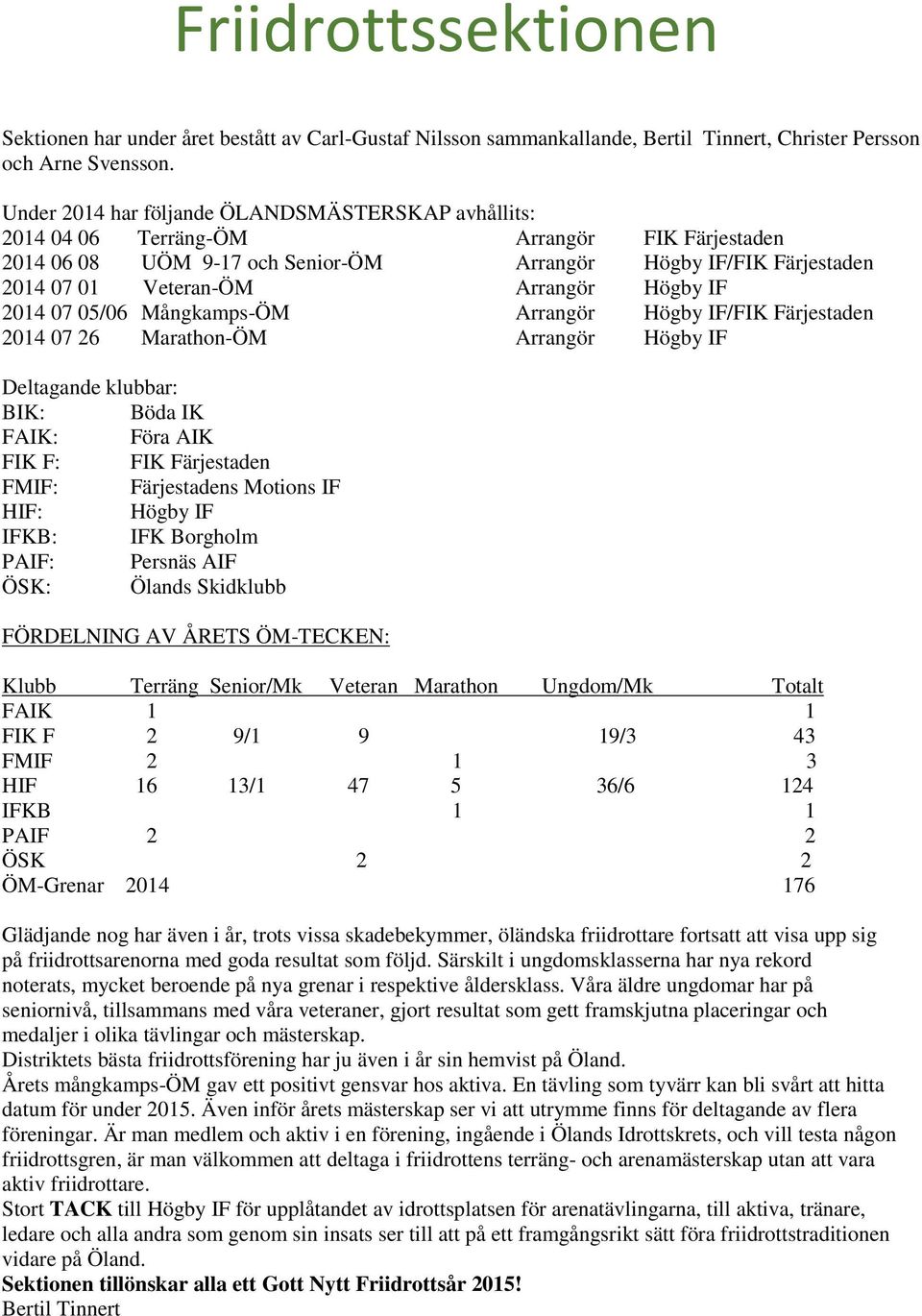 Högby IF 2014 07 05/06 Mångkamps-ÖM Arrangör Högby IF/FIK Färjestaden 2014 07 26 Marathon-ÖM Arrangör Högby IF Deltagande klubbar: BIK: Böda IK FAIK: Föra AIK FIK F: FIK Färjestaden FMIF: